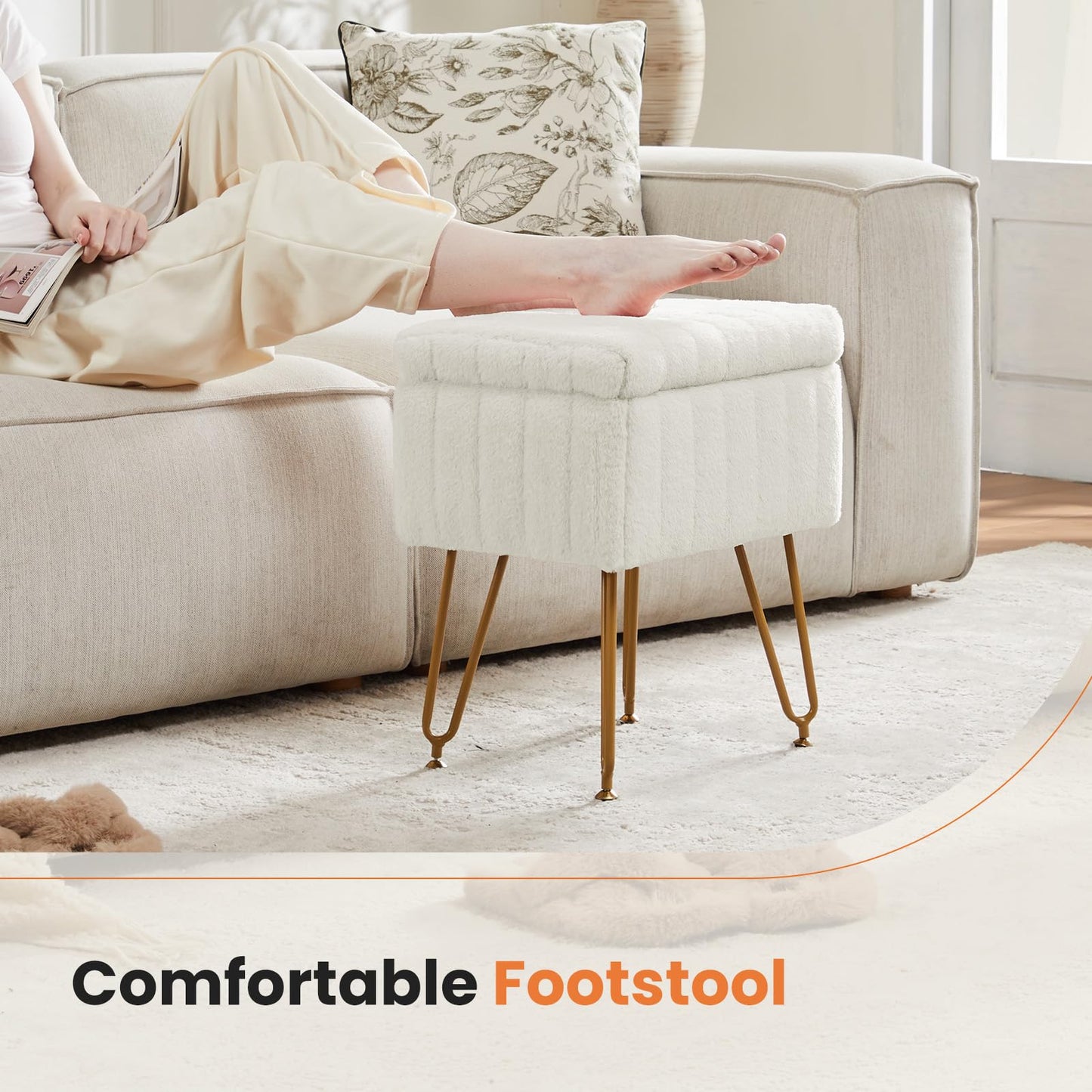 Sweetcrispy Vanity Stool Chair with Storage, Ottoman Faux Fur Soft Padded Makeup Footstools Seat with 4 Metal Legs Anti-Slip Adjustable Feet Modern Cute Small Footrest for Home Entryway Bedroom White