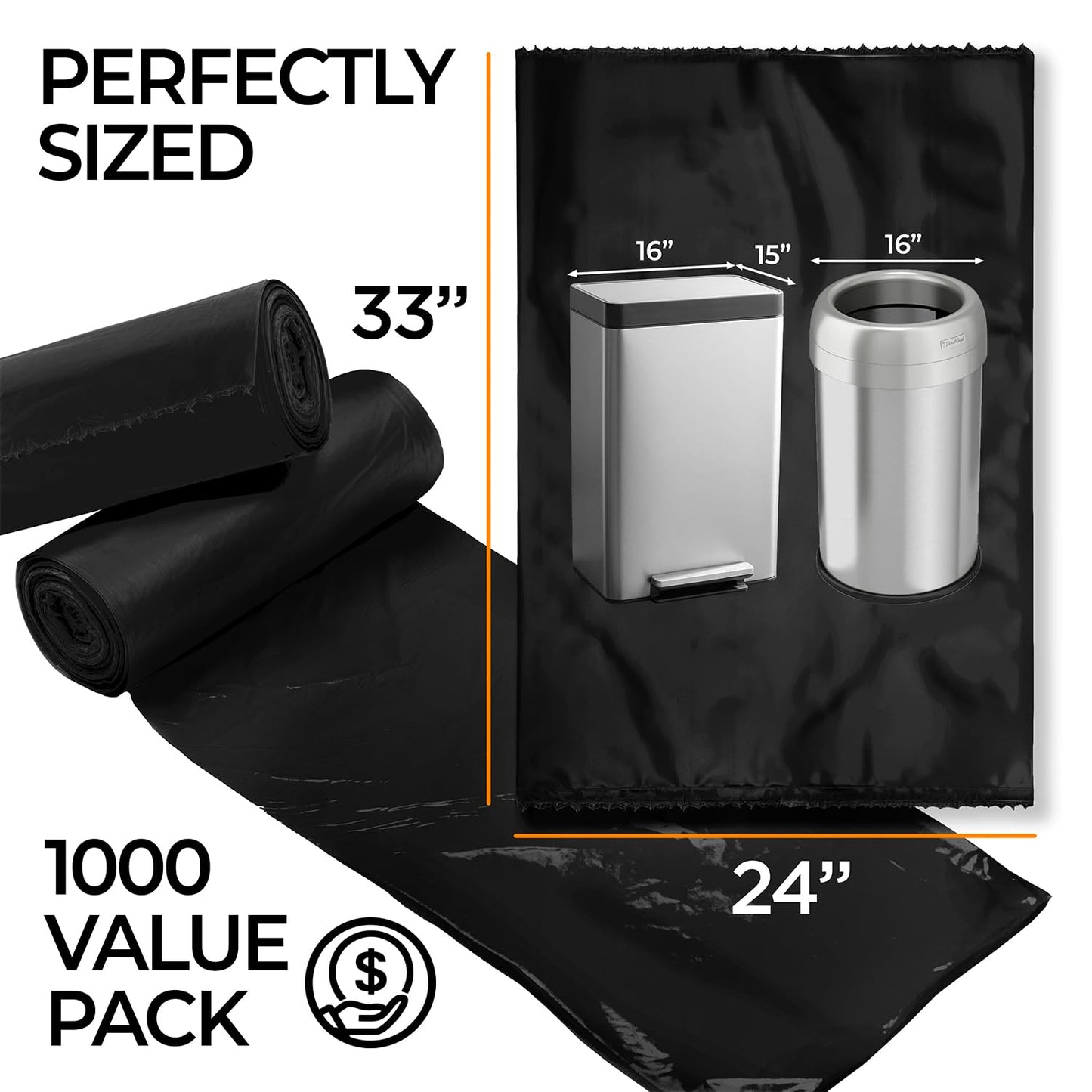 ToughBag 13 Gallon Black Trash Bags, 24 x 33" Black Garbage Bags (1000 COUNT) – Bulk Trash Bag 13 Gallon Tall Kitchen 1000 - Made In USA