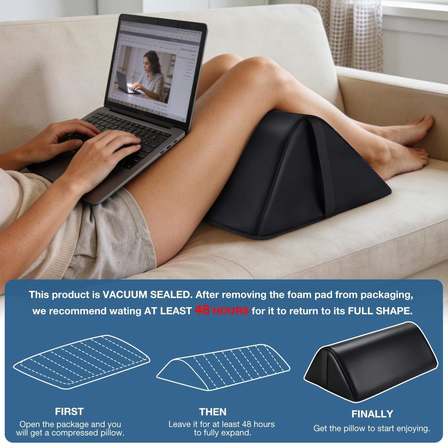 Knee Wedge Pillow for Legs, 20 x 12 x 7 inch Under Knee Elevated Pillow for Sleeping on Back Triangle Pillow for Legs with Strap Handle, Under Ankles Pain Relief Leg Pillow Bolster for Massage Table