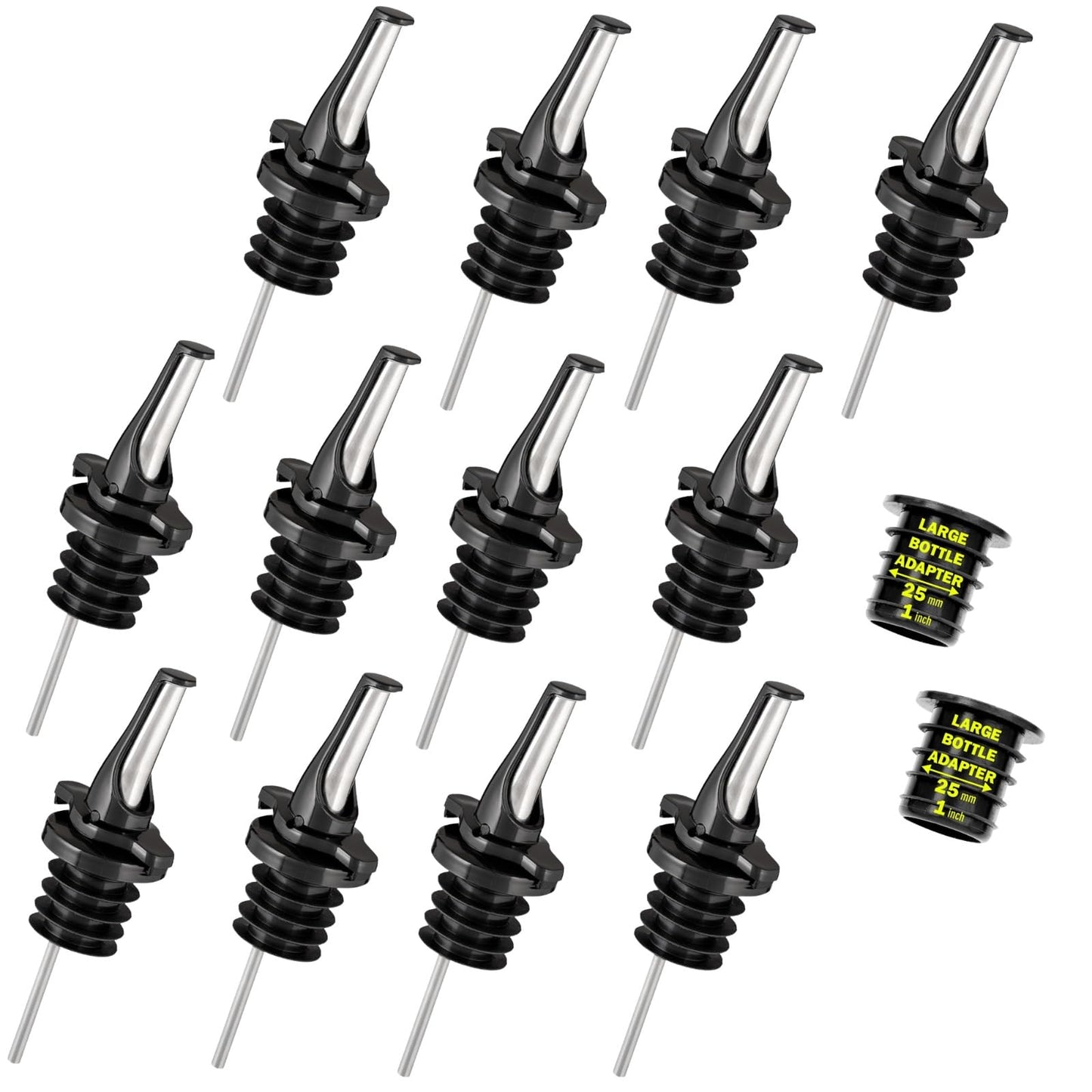 Liquor Bottle Pourers - Patented Design Pour Spouts - Open and Close for Mid Pour Shut Off - Fits Universally to Most Bottles - Meet The New Standard of Bottle Pourers - Black - 12 Pack