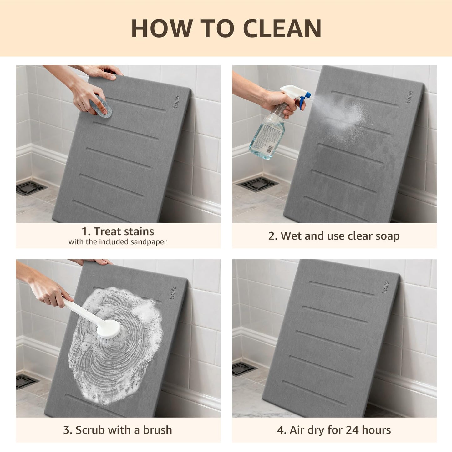 Yolife Stone Bath Mat Large, 32" x 20" Diatomaceous Earth Bath Mat for Bathroom, Super Absorbent Quick Drying Bathroom Stone Mat, Non-Slip Diatomite Shower Mat, Easy to Clean, Dark Grey