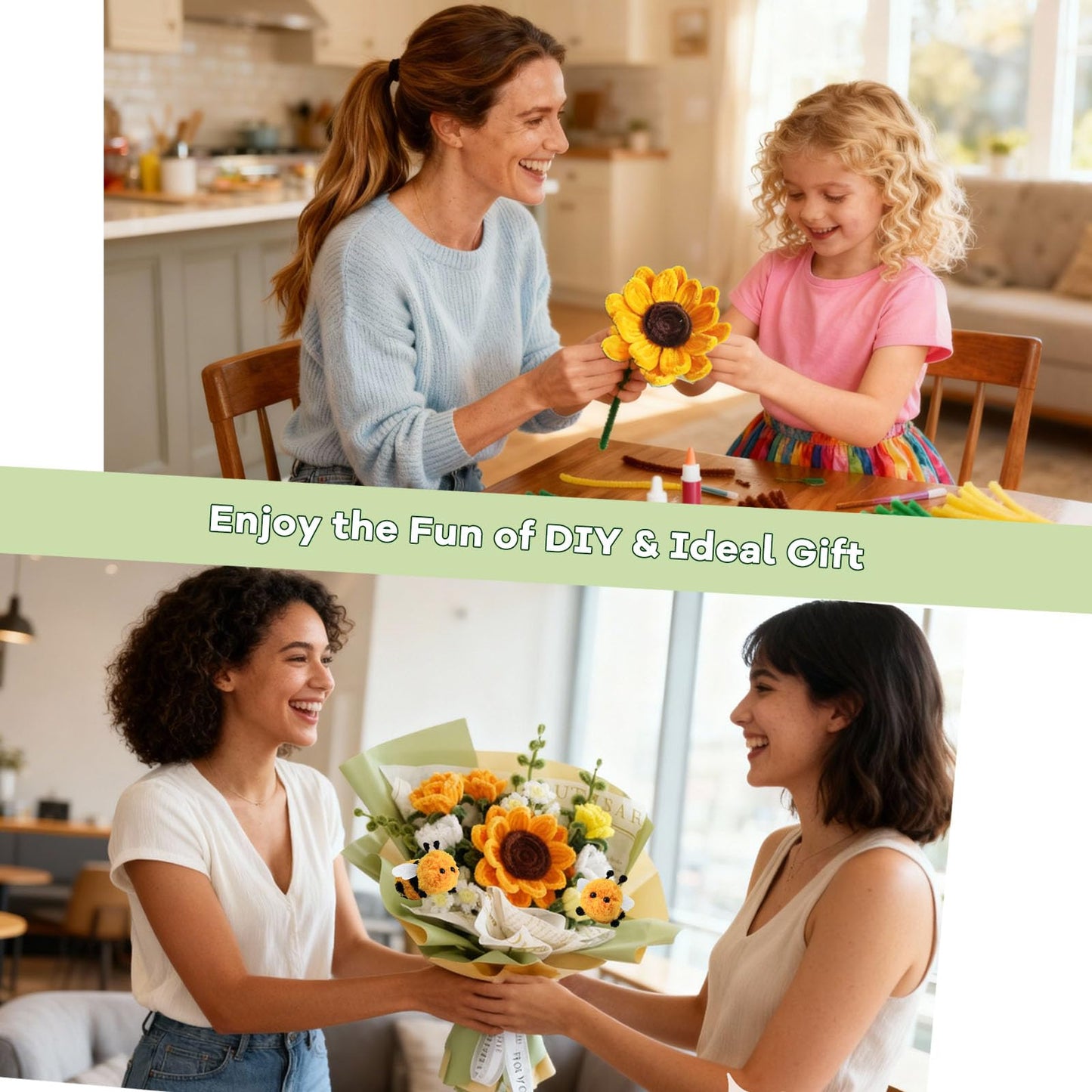 SNAIL GARDEN Pipe Cleaners Craft Kit with Wrapping Paper, Pipe Cleaner Flower Kit with 2 Bees, DIY Sunflower Flower Making Kit with Step by Step Video Tutorial for Beginners, Adults