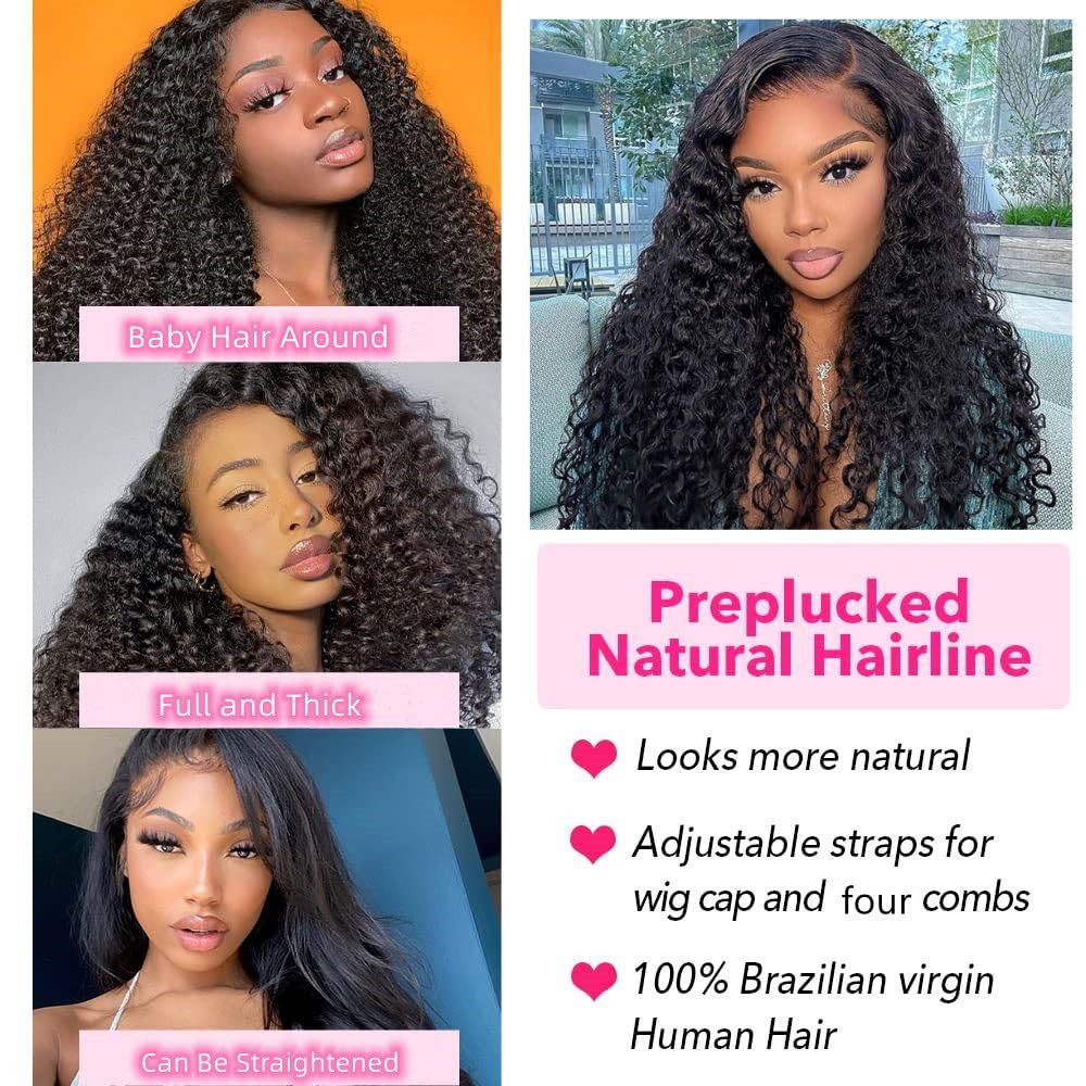 Curly Lace Front Wigs Human Hair 13x6 Kinky Curly HD Transparent Lace Frontal Wig for Women Short Curly Human Hair Wigs Pre Plucked With Baby Hair 220% Density Glueless Hair Curly Wigs (16 Inch)