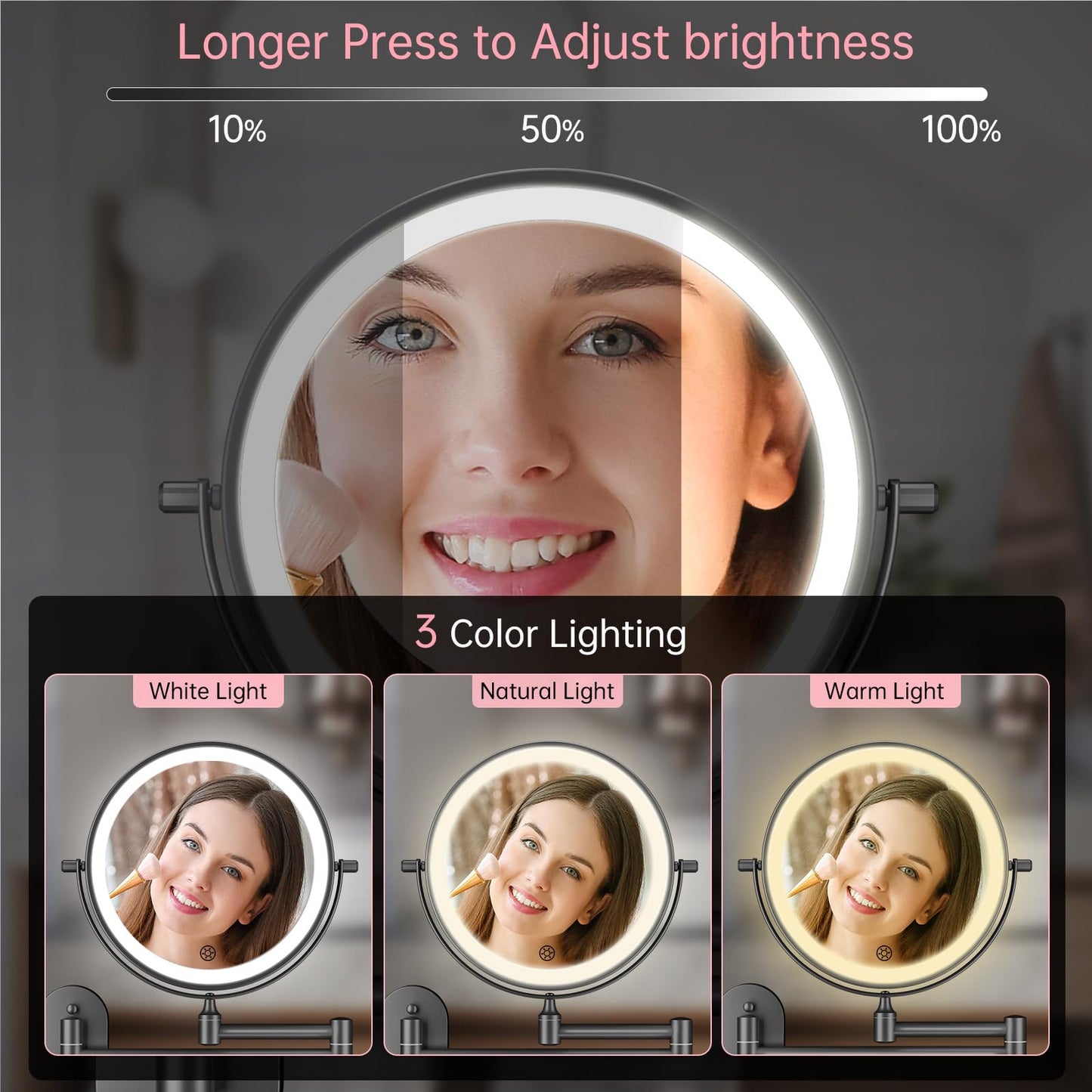 FUNTOUCH 5000mAh Rechargeable Wall Mounted Lighted Makeup Vanity Mirror, Double Sided 1X 30X Magnifying, 3 Color Lighting, Touch Dimming, Extended Arm 360 Rotation Light up Bathroom Mirror Black