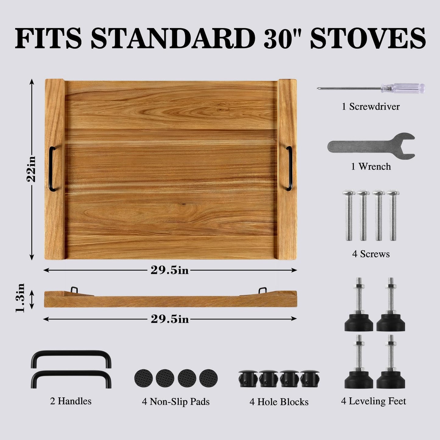 Noodle Board Stove Cover with 4 Adjustable Feet, 30" x 22" Acacia Wood Stove Top Cover for Gas Stove, Electric & Induction - Extra Counter Space, Serving Tray & Charcuterie Board for RV& Kitchen