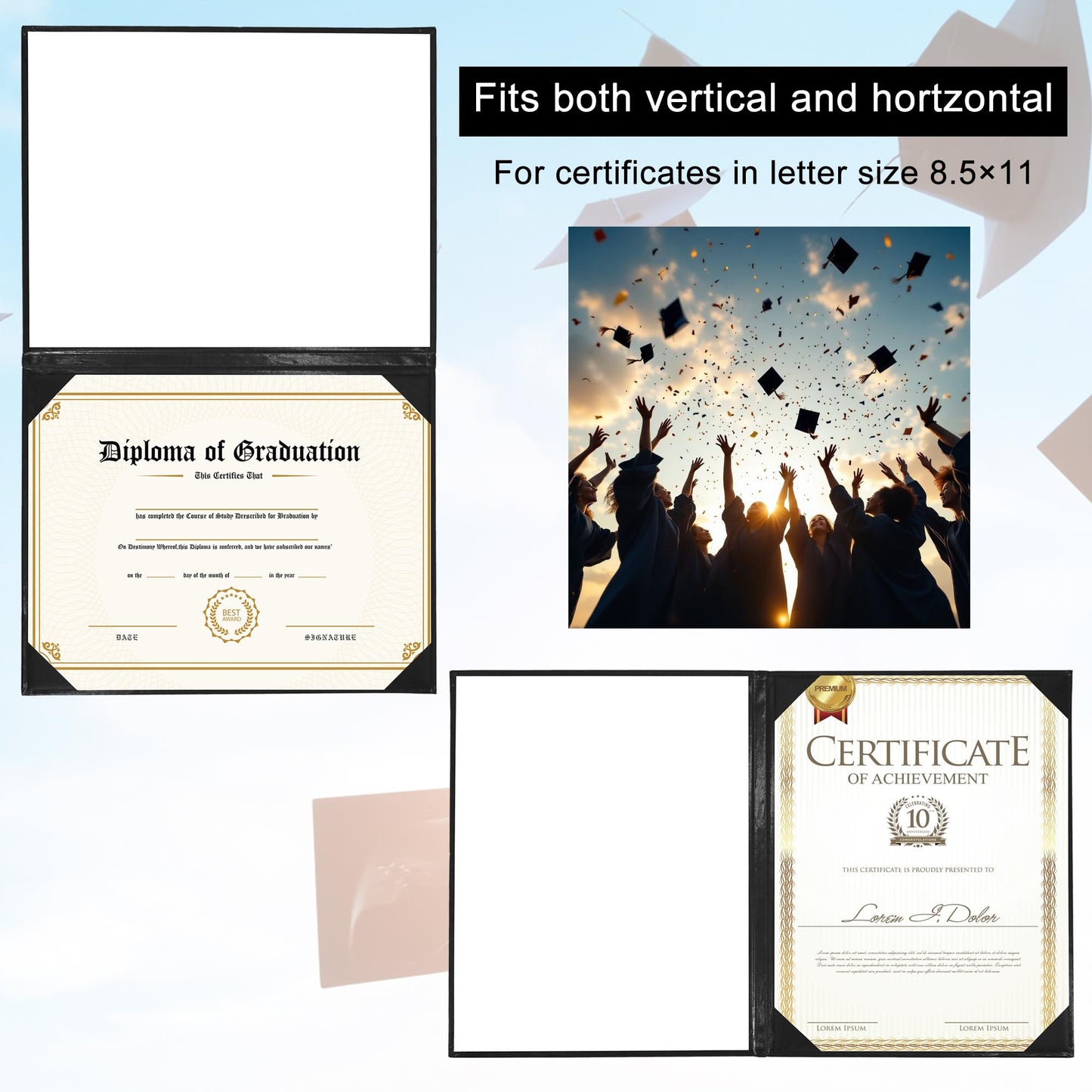 GraduatePro 10 Pack Diploma Cover 8.5x11 Certificate Document Presentation Holder Smooth Leather Letter Size Black