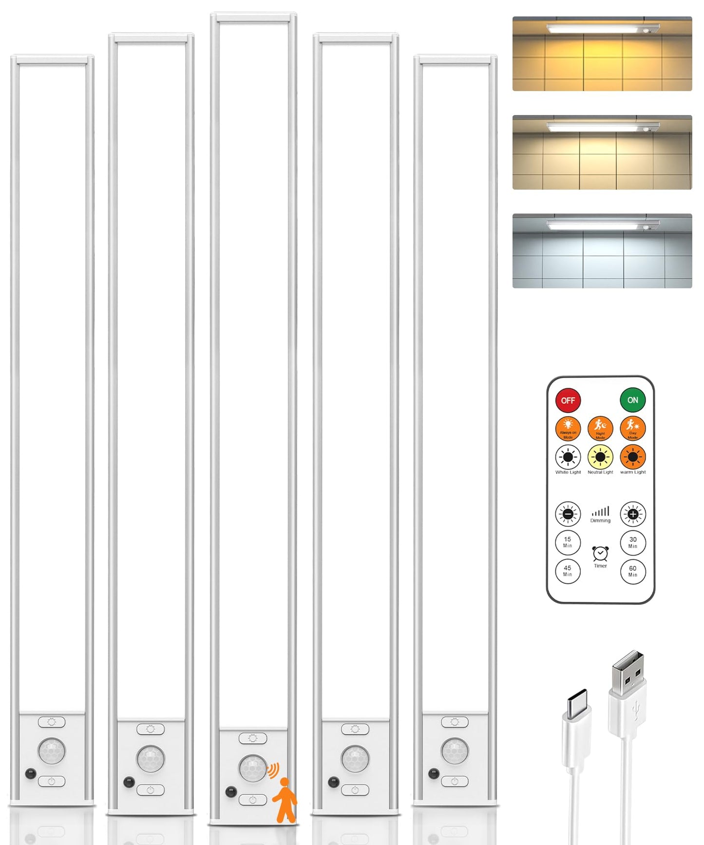 Under Cabinet Lights,80 LED Motion Sensor Light Indoor,4000mAh USB Rechargeable Closet Lights with Remote Control,3 Color Temps Wireless Under Counter Lights for Bedroom,Kitchen,Stairs,5 Pack