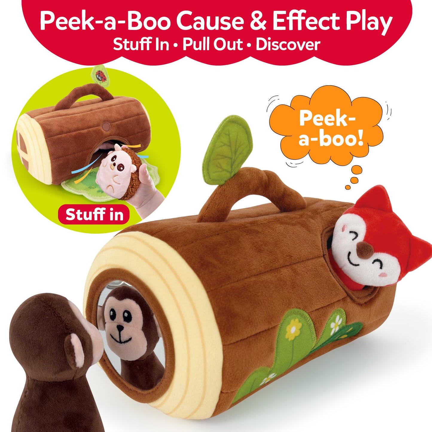 CuteZone Baby Toys 6-12 Months, Stuffed Animals for Babies, Soft Plush Forest Sensory Toy Set with Rattle, Crinkle, Mirror and Tree Stump Storage, Cause and Effect Baby Toy