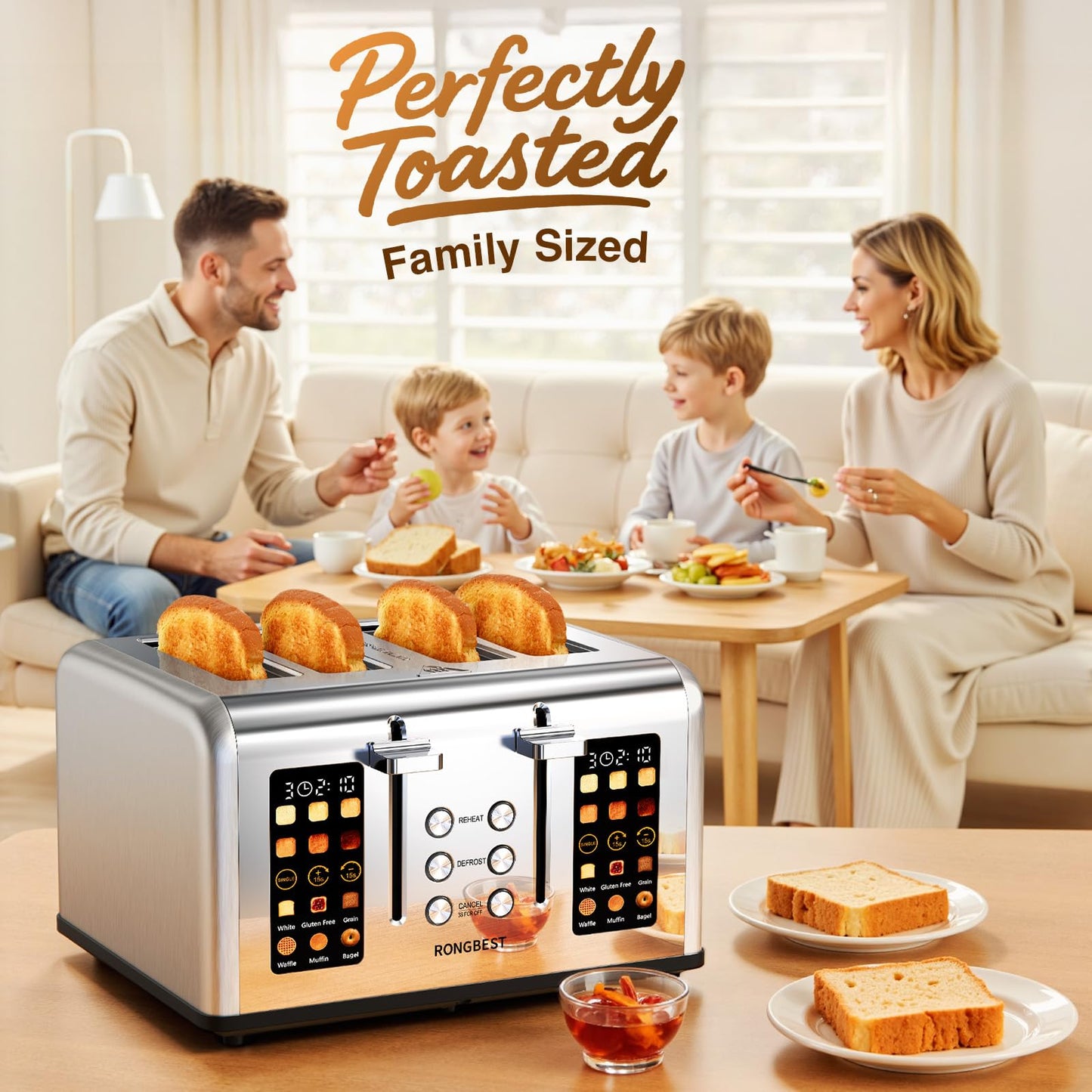 4 Slice Touch Screen Toaster, Stainless Steel Toaster with Wide Slots for Bagels and Bread, Reheat/Defrost/Cancel Functions, Removable Crumb Tray, Silver