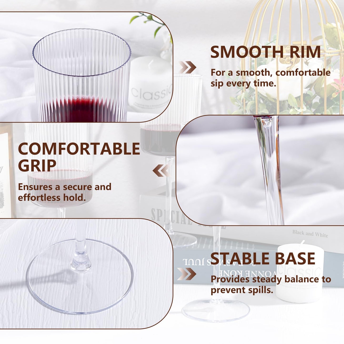 YOUBET 24 Pack Plastic Ribbed Wine Glasses - 10 OZ Clear Square Wine Glasses with Stem - Heavy Duty Vintage Disposable Champagne Cups for Wedding Parties