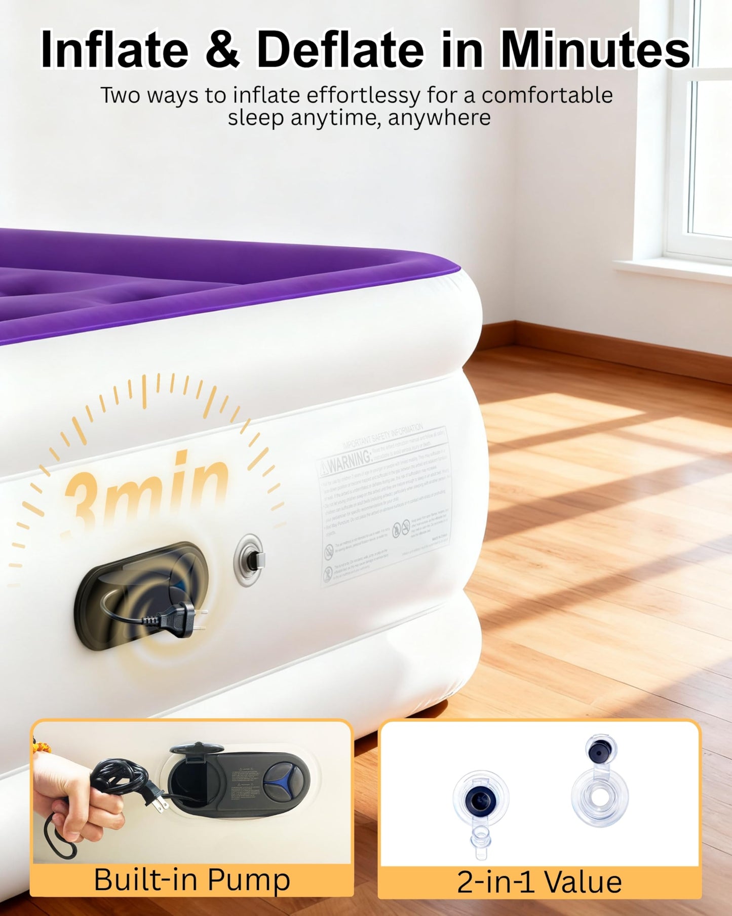 HikerSKY Full Air Mattress with Built in Pump, Inflatable Mattress for Home, Blow up Air Bed 3 Min Quick Inflation and Deflation, Thin Velvet Top, 18'' Full Size Purple