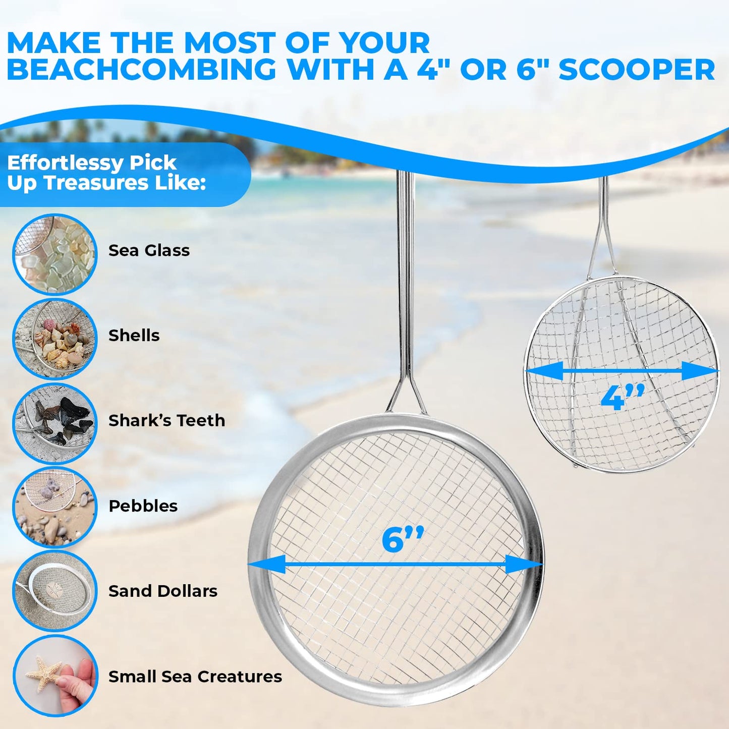 Sand Dipper Full Size Beach Scoop Shovel & Sifter Tool for Beachcombing – Adjustable Sea Glass, Shell, Shark Tooth Sifter for the Beach – Can Be Used as a Walking or Hiking Stick Too – 6”Basket (blue)