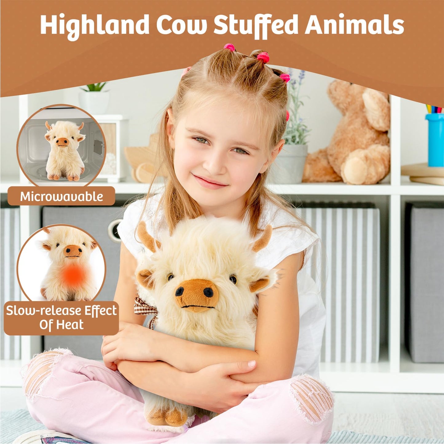 Microwaveable Highland Cow Stuffed Animal - Weighted Stuffed Animal Plush, Heating Pad, Cozy Gift for Girls|Women|Kids|Elderly People, 9.8in, 1.65lb