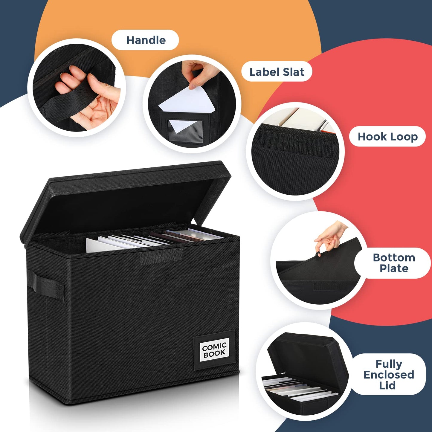 Lincia 8 Pack Comic Book Storage Boxes, 15.4" x 7.5" x 11.4" Book Box Organizer Collapsible with Handles, Stackable Short Bin to Holds 150-180 Comics for Home School Classroom, Black