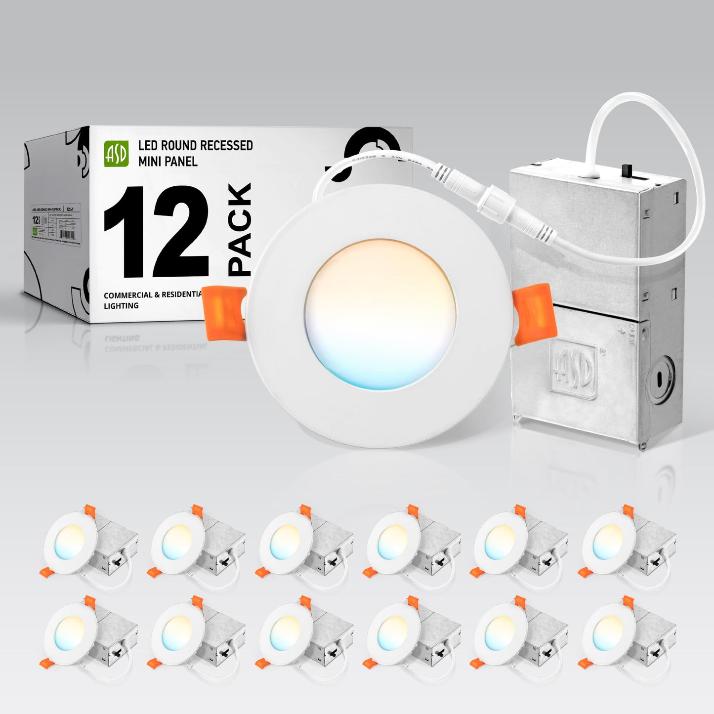 ASD 12 Pack 3 Inch LED Recessed Light, 6W 5 CCT 2700K-5000K CRI90+, IC Rated Ultra Thin Dimmable Ceiling Lights with J Box, Canless Wafer Downlight, Round Slim Panel Lighting, UL Energy Star, White