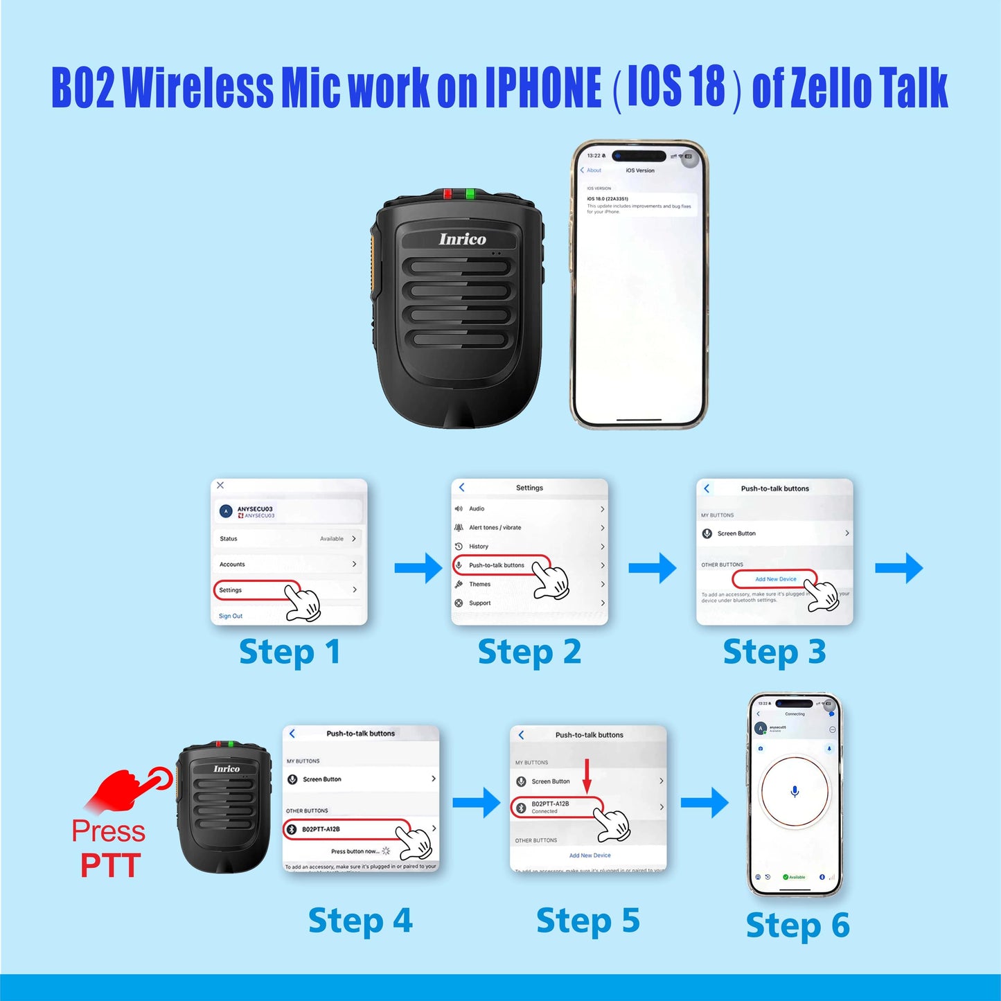 Inrico ANYSECU Wireless PTT Microphone B01 iOS Version B02 Wireless PTT Button for Zello ptt Button Speaker for iOS and Android Phone