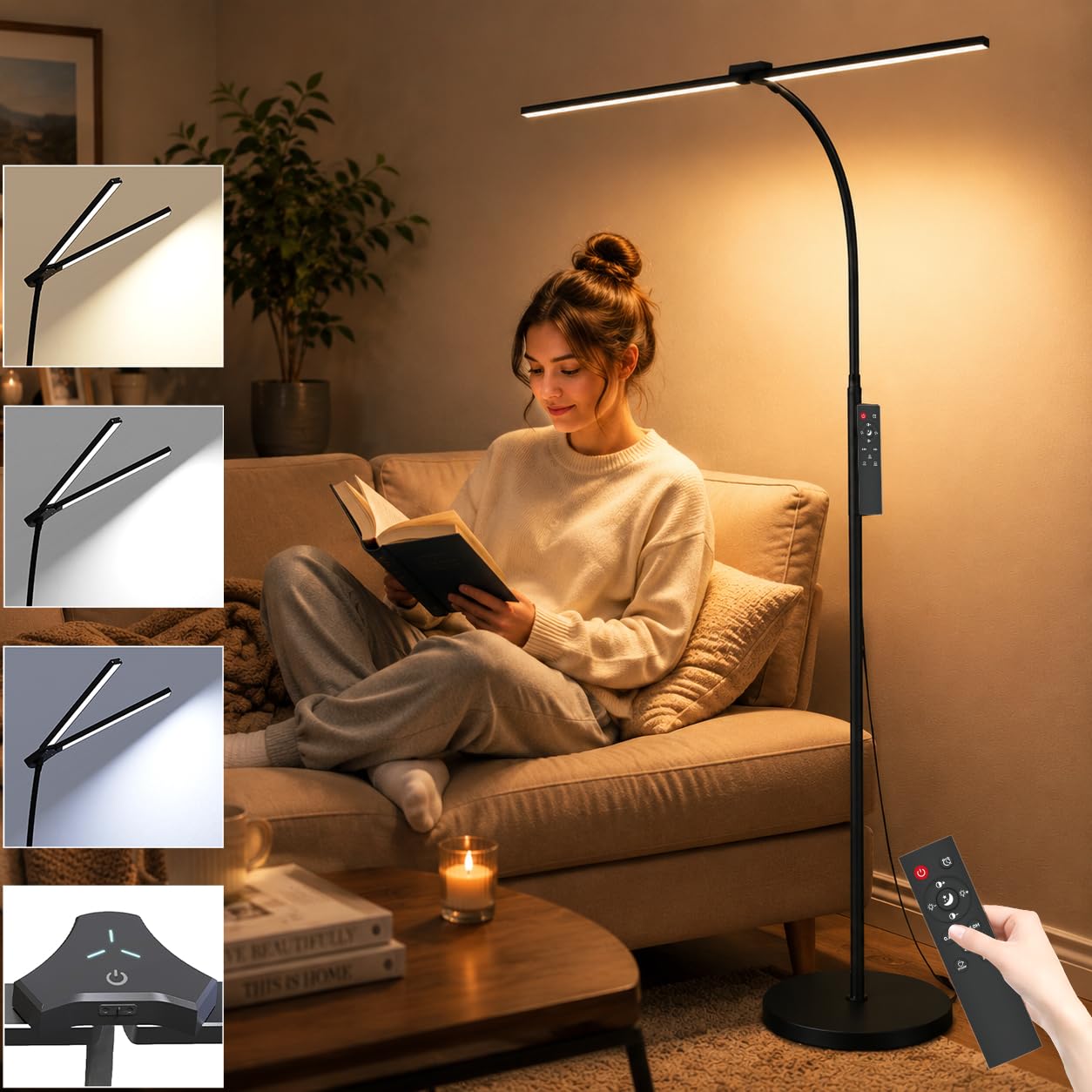 StarMoitic LED Floor Lamp for Living Room, 24W/2400LM Super Bright Dual Head Floor Lamp with Remote & Touch Control, Dimmable Reading Lamp with Adjustable Panels for Bedroom, Office, Craft & Sewing