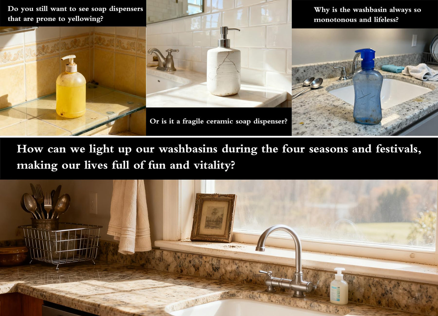 Nestriculus Seasonal Soap Dispenser with 11 Interchangeable Magnets - Seasonal Decor - Farmhouse Bathroom Kitchen Decor (Resin,Built in Magnet) - 8.82oz (Gold)