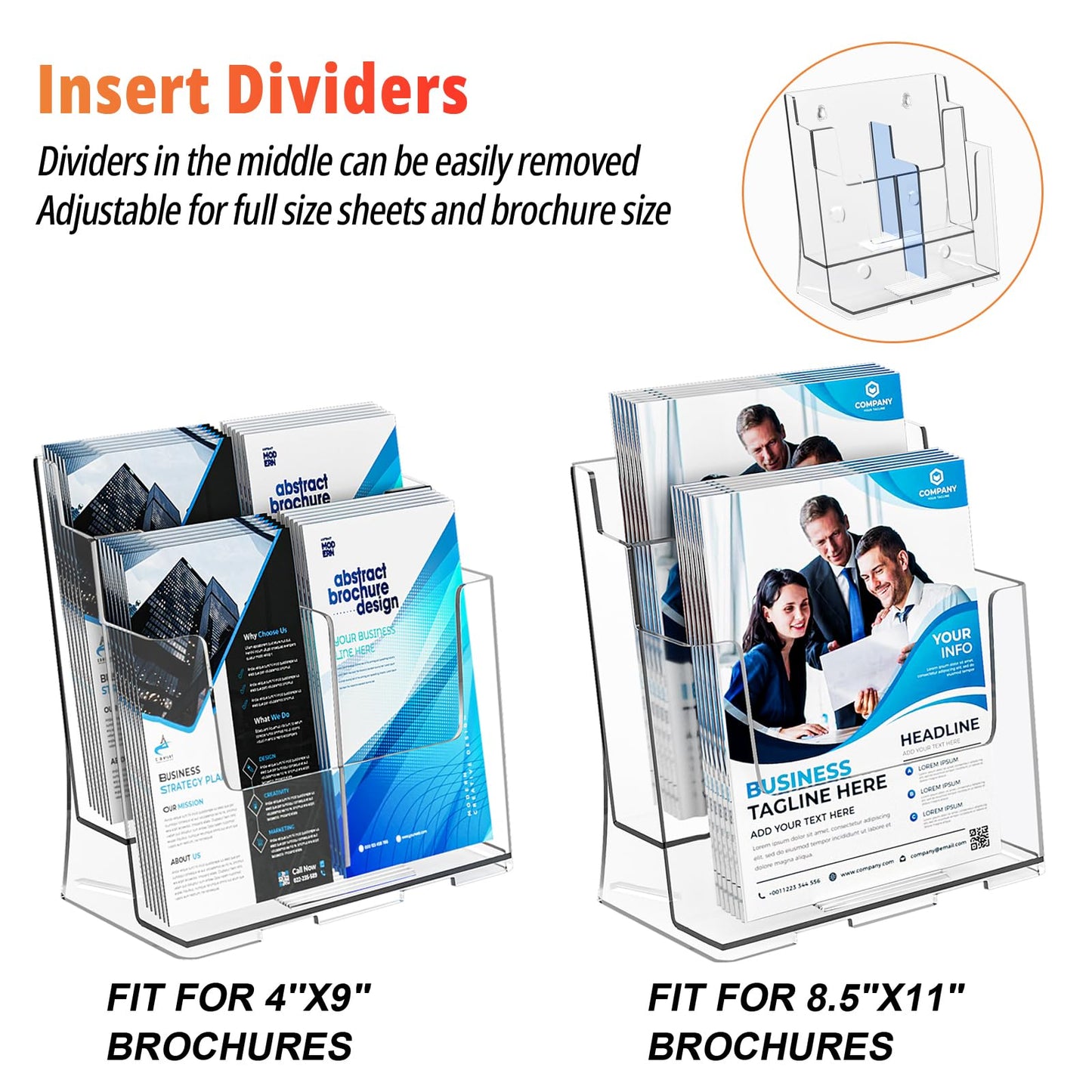 FUCDTEFC 2 Pack Acrylic Brochure Holder 8.5x11 & 4 x9 Inches, Clear 2 Tier Literature Magazine Stand Brochure Display Stand w Removable Divider Universal, Flyer Holder for Wall Mount or Countertop