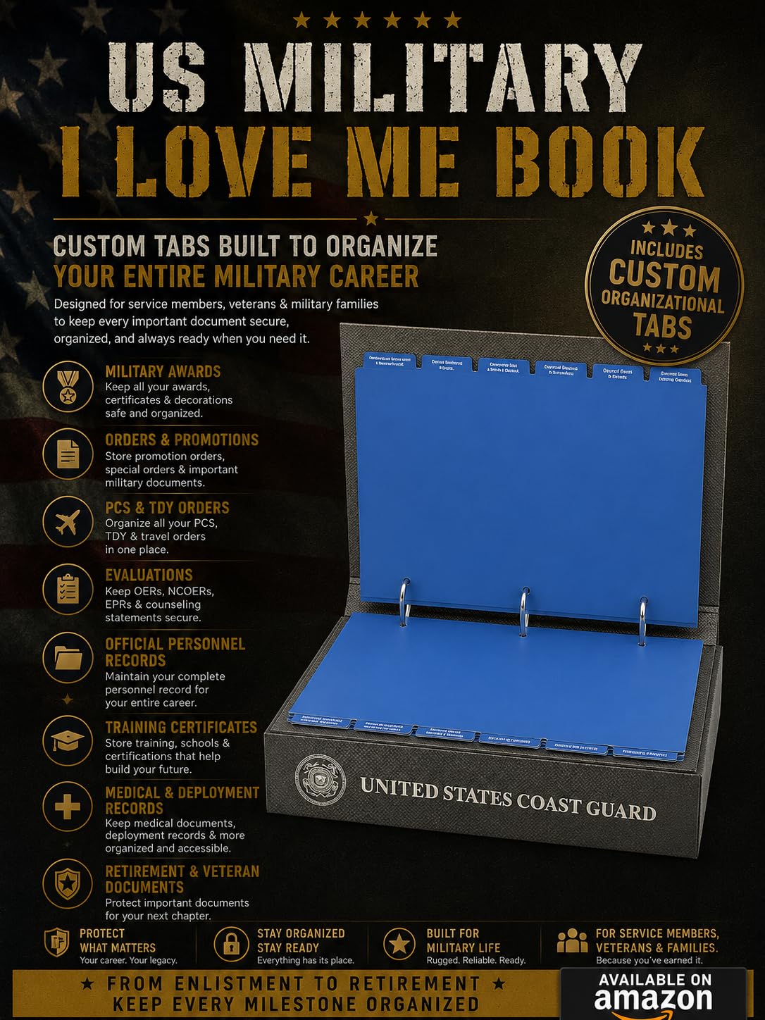 US Military Binder and Box Set - I Love Me Book Series (US Army) - Custom Dividers and Document Protectors Included