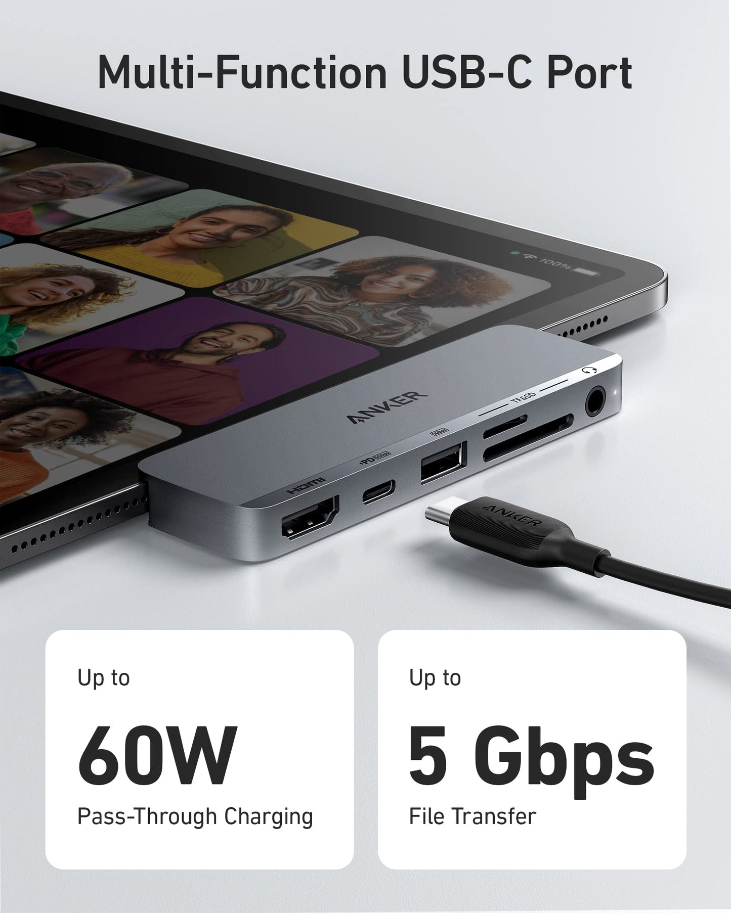Anker USB C Hub for USB-C iPad, 541 USB-C Hub (6-in-1) with 4K HDMI Port, Multi-Function USB-C Port, SD and microSD Card Slots, for iPad Pro 5th Gen / iPad Air 5th Gen / iPad Mini 6th and Later (Gray)