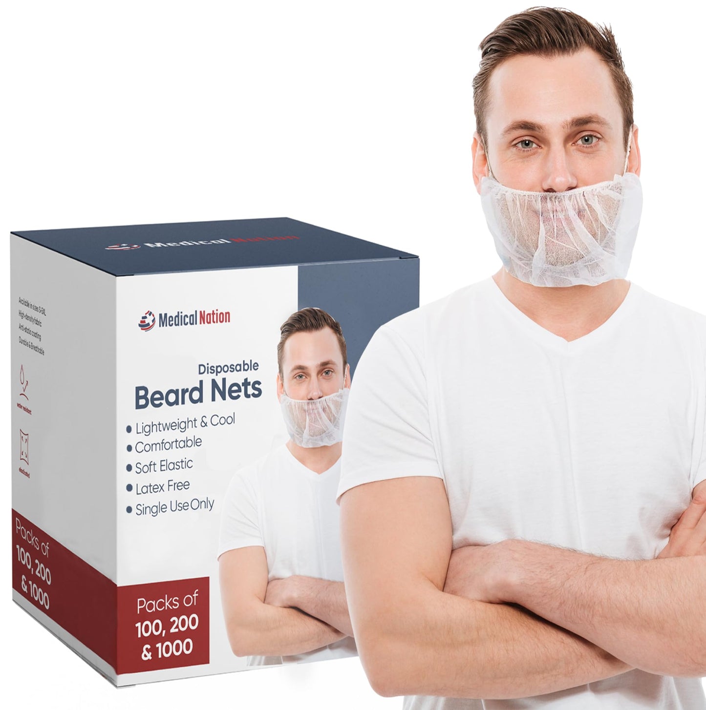 Medical Nation Case of 1000 Disposable Beard Nets for Men - Full Coverage Beard Covers, Breathable Beard Guards Food Service, Cooking, Cleaning, Construction & More | 1000 Pack, White 18" Beard Net