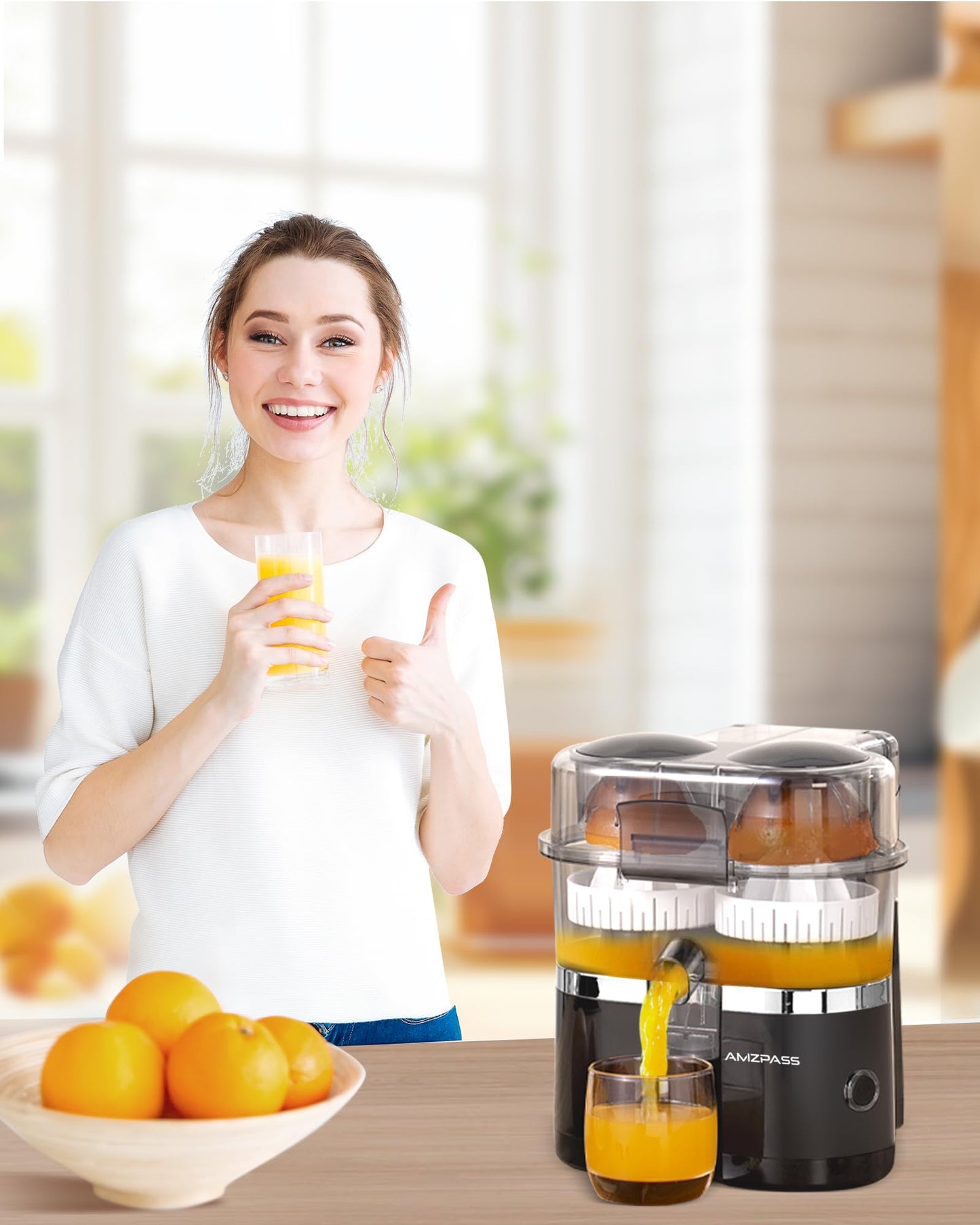 Amzpass Dual-Head Electric Citrus Juicer, Lemon Squeezer with Power Cord and Cleaning Brush, 1-Button Automatic Juicer Machine for Orange, Lemon, Lime, Easy to Clean & Use, Built-in Cutter(Black)