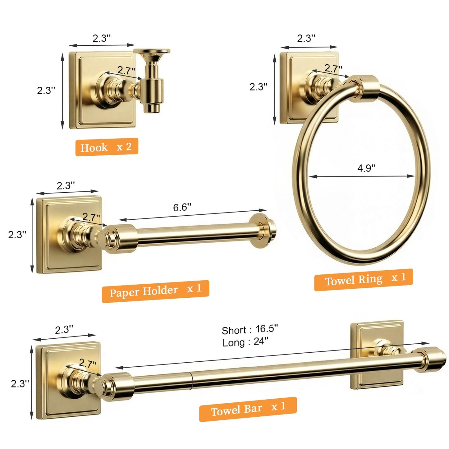 VEHCIL Champagne Gold Bathroom Towel Bar Set, 5 Piece Bathroom Hardware Accessory Set, SUS304 Stainless Steel 24" Towel Rack Holder Set for Bathroom, Wall Mounted