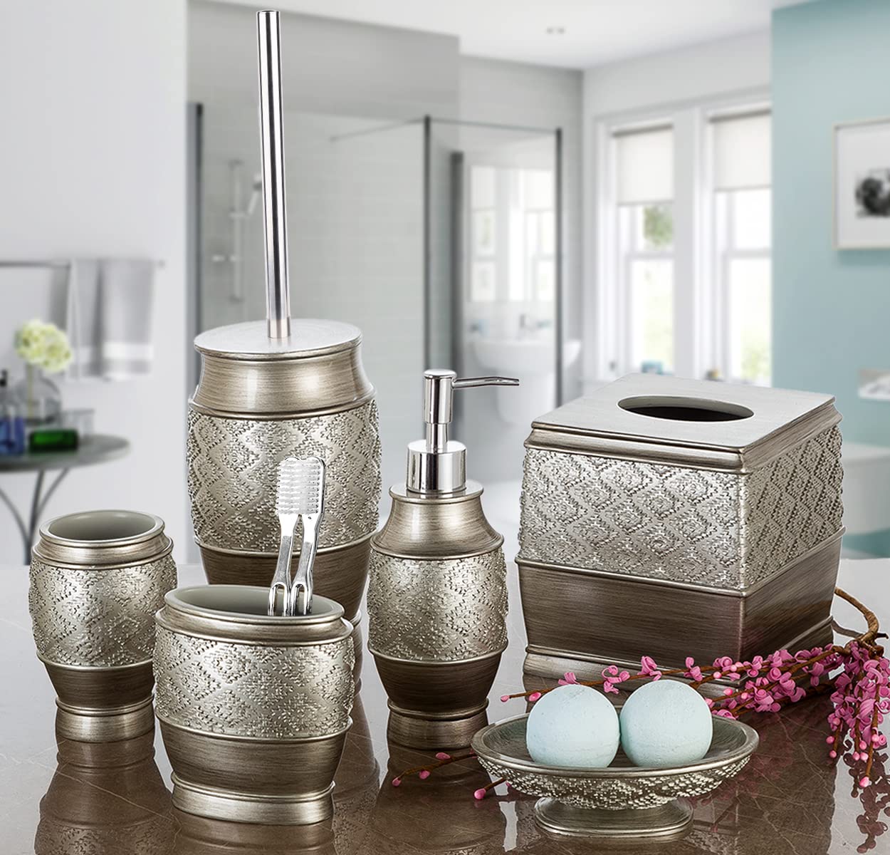Creative Scents Dublin Silver Small Bathroom Trash Can with Lid - Brushed Silver Garbage Can - Decorative Waste Basket for Bathroom Decor - Durable Wastebasket for Paper/Diaper