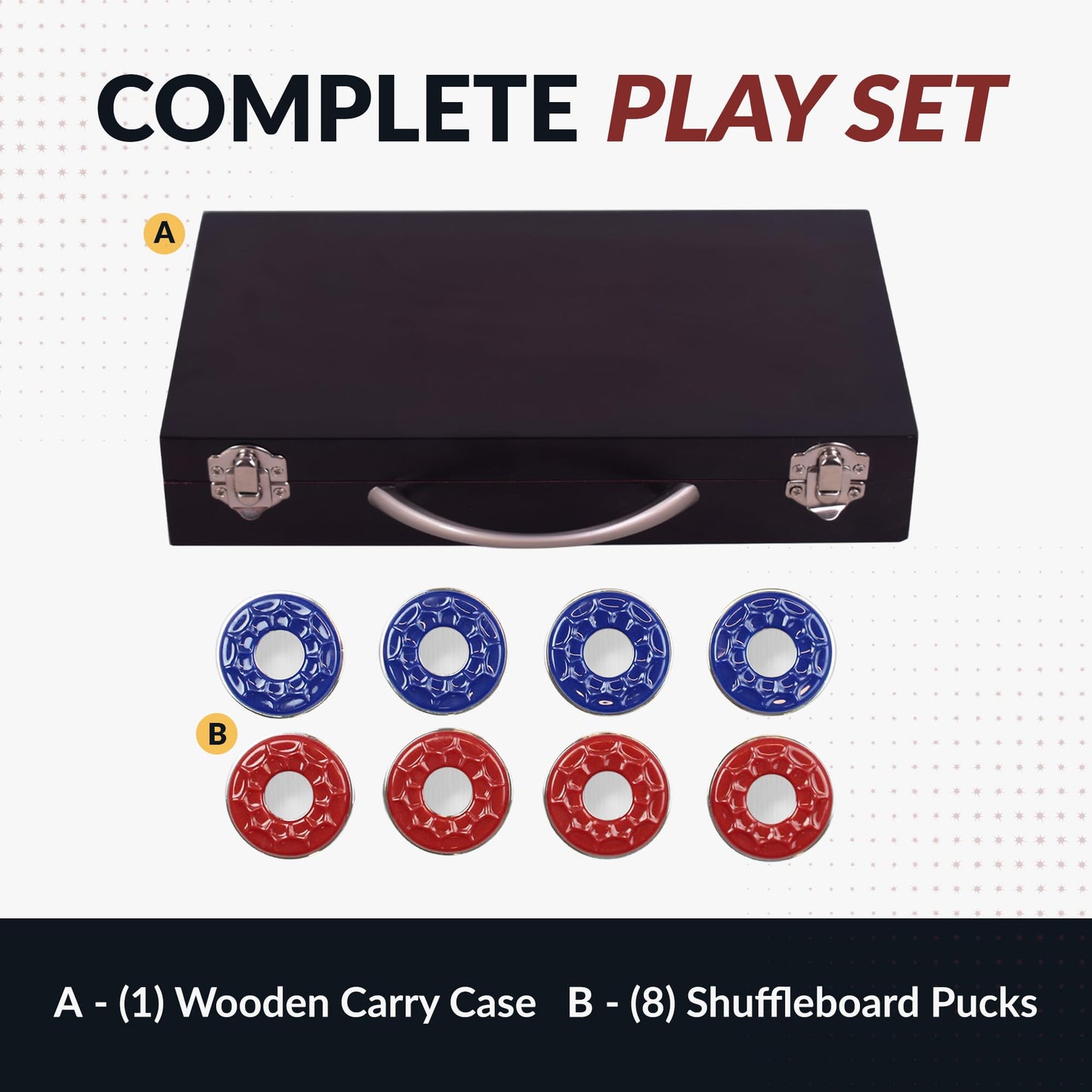 Hathaway Shuffleboard Pucks Set of 8 – Regulation Sized Shuffleboard Discs with Dimpled Top for Easy Grip & Beveled Edge for Better Control, & Sturdy Dark Cherry Wooden Case – Shuffleboard Accessories