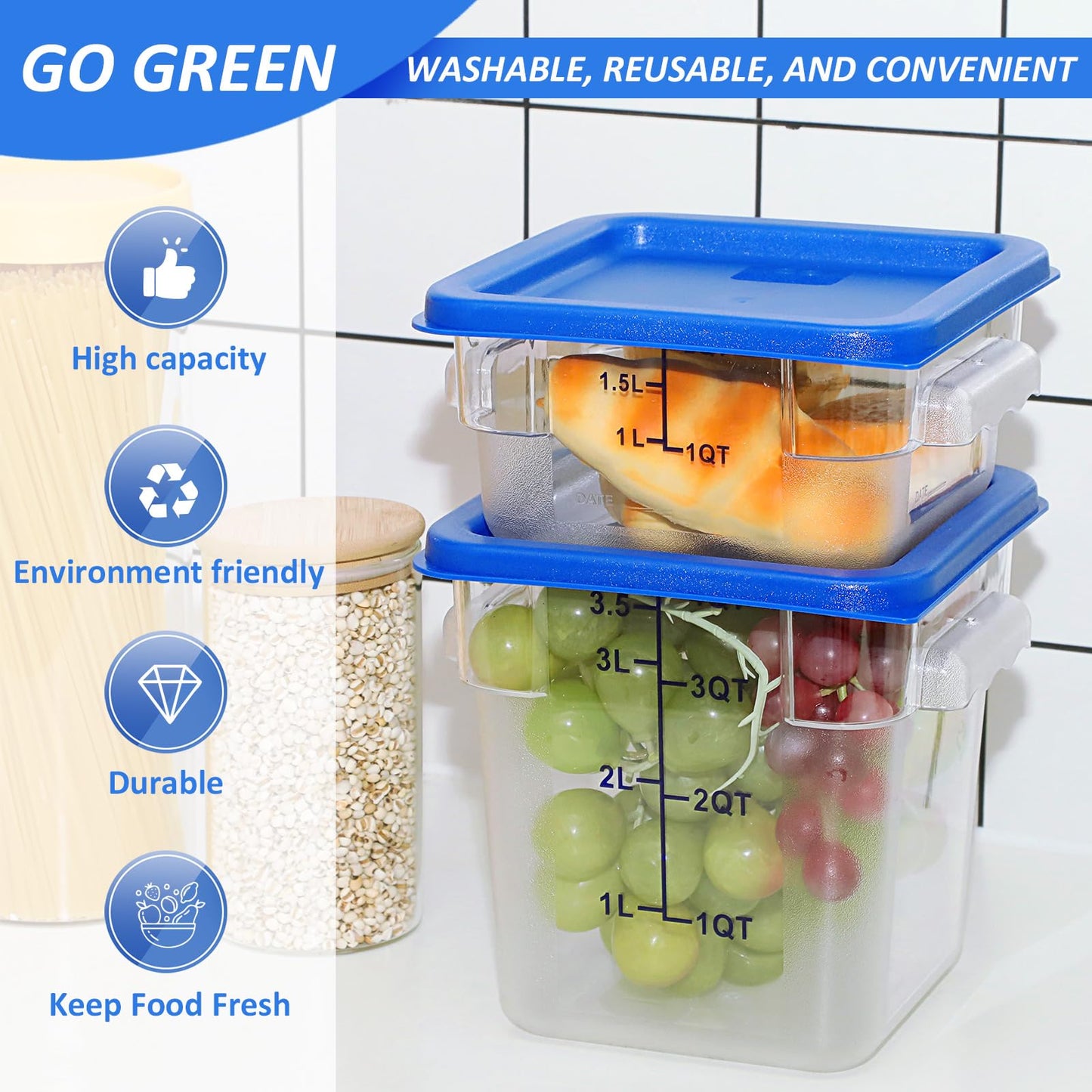 Yungyan 8 Pcs Restaurant Food Storage Containers with Lids Set 2Qt and 4Qt Commercial Restaurant Square Storage Containers Clear Food Cereal Container for Kitchen Freezer (Blue Lids)