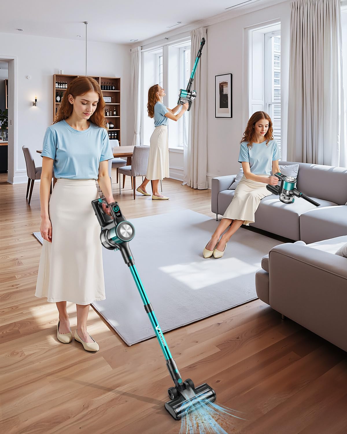 Cordless Vacuum Cleaner, 8-in-1 Cordless Stick Vacuum Cleaner with 3 Suction Modes, Up to 45mins Runtime, Rechargeable, Self-Standing, Vacuum Cleaners for Home Pet Hair Carpet Car Hard Floor, Green