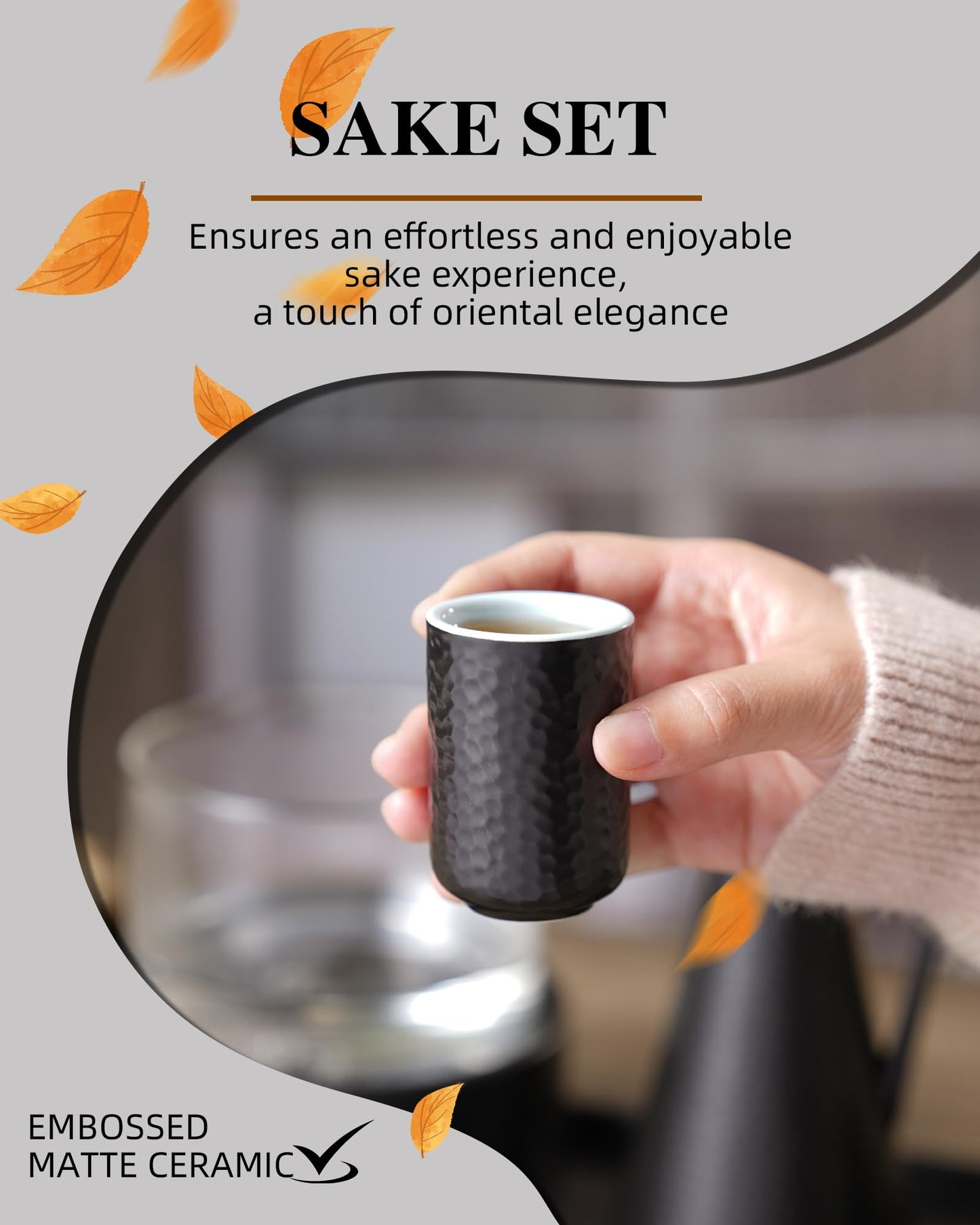 ZENS Sake Set with Warmer, 12 Ounce Embossed Ceramic Sake Bottle 6 Sake Cups and Glass Pot for Hot or Cold Japanese Sake, Black Sake Carafe Gift Sets with Cotton Towel