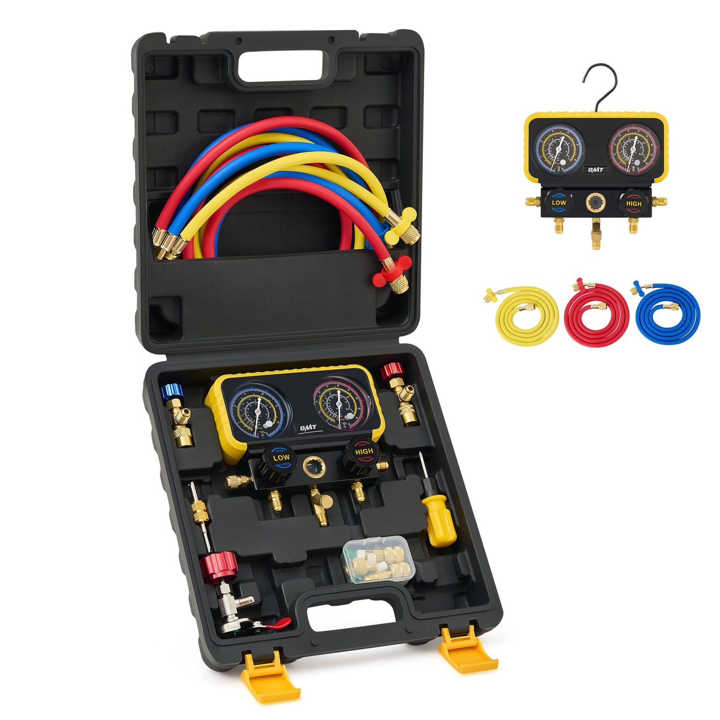 Orion Motor Tech R410a Gauges, AC Manifold Gauge Set for R22 R32 410A 134A Refrigerant, 3 Way AC Gauges R410a Manifold Set with R410a R22 Safety Valves, 3 Hoses, R410a Adapters, Universal Can Tap