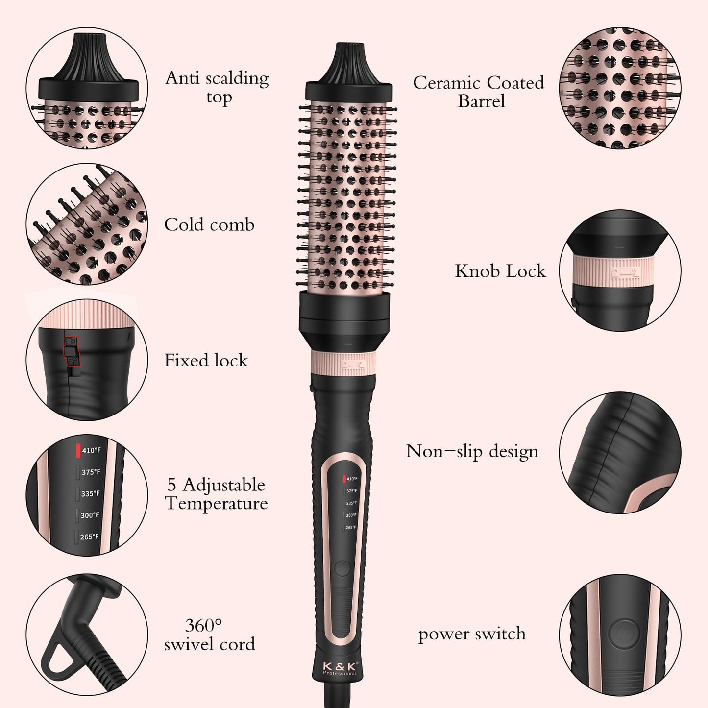 Thermal Brush 3 in 1 Set Ionic Heated Round Curling Brush Create Volume & Smoother Hair Style for Fully Dried Hair Ceramic Fast Heating Curling Iron Brush with Temperature (Black)