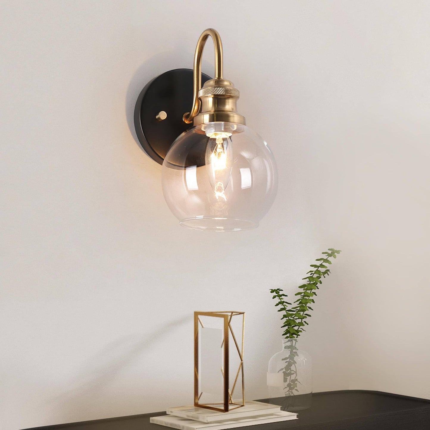 KSANA Black Gold Sconce, Modern Globe Wall Sconces Lighting with Clear Glass Shade, 1-Light Brass Wall Mounted Light Fixture for Bathroom, Kitchen, Bedroom and Stairway