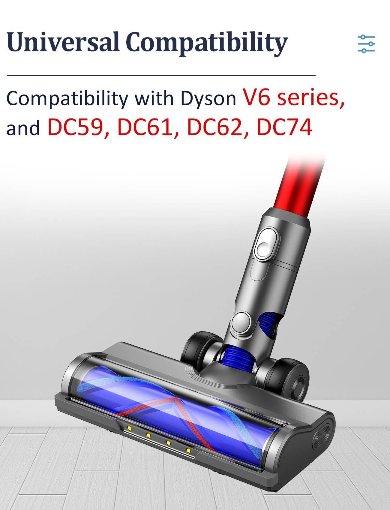 Vacuum Attachments for Dyson V6 Cleaners, Brush Motorhead Head with LED Lights for Hardwood Floor and Carpet, V Shape Bristle Roller Replacement Parts for DC59 DC61 DC62 DC74