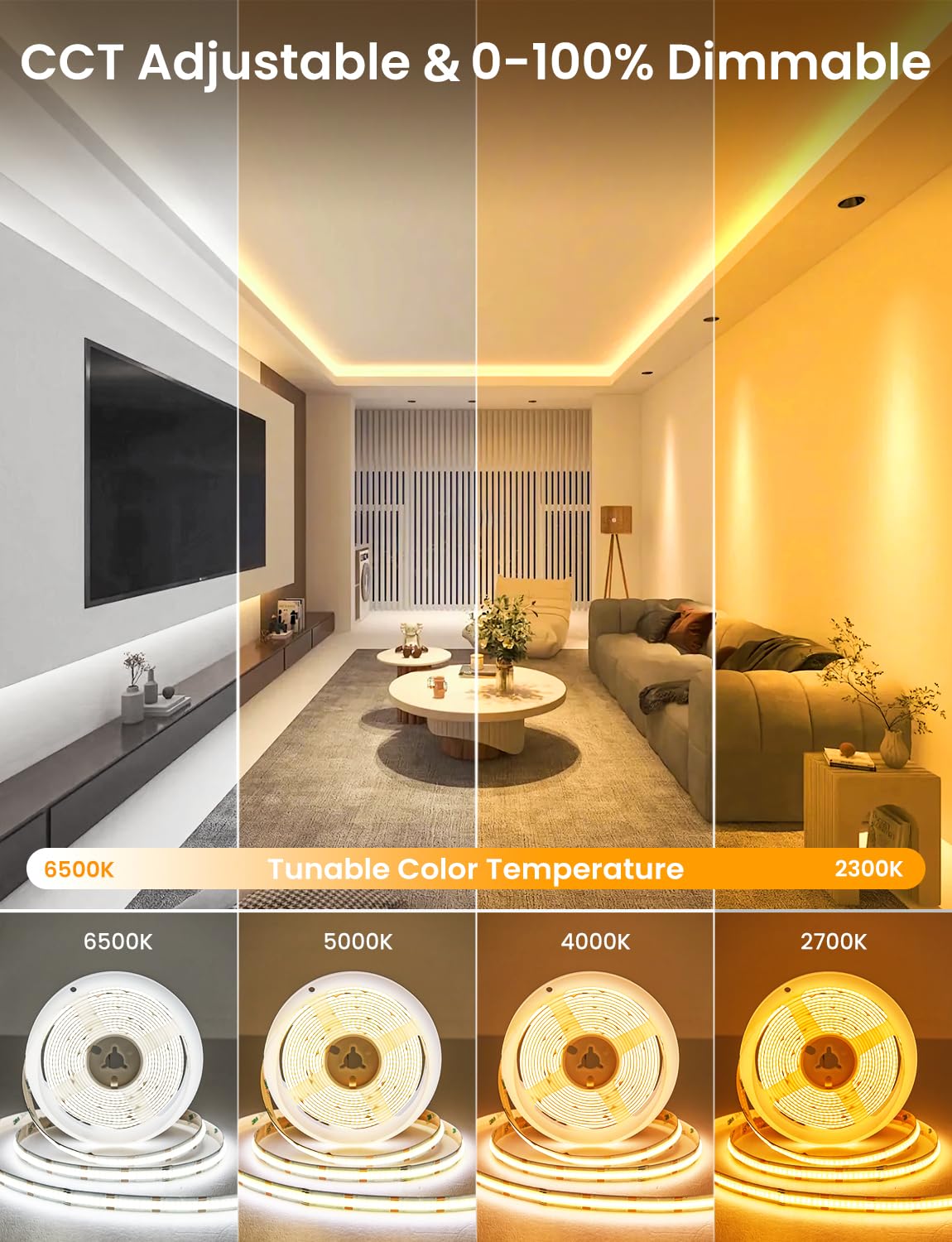 COB LED Strip Light 16.4ft, Dimmable 2300K-6500K White CCT Tunable, DC 24V Cuttable LED Tape Light, High Density 3040 LED 36W CRI 90, APP Remote Control, Music Mode, For Home DIY, Living Room, Bedroom
