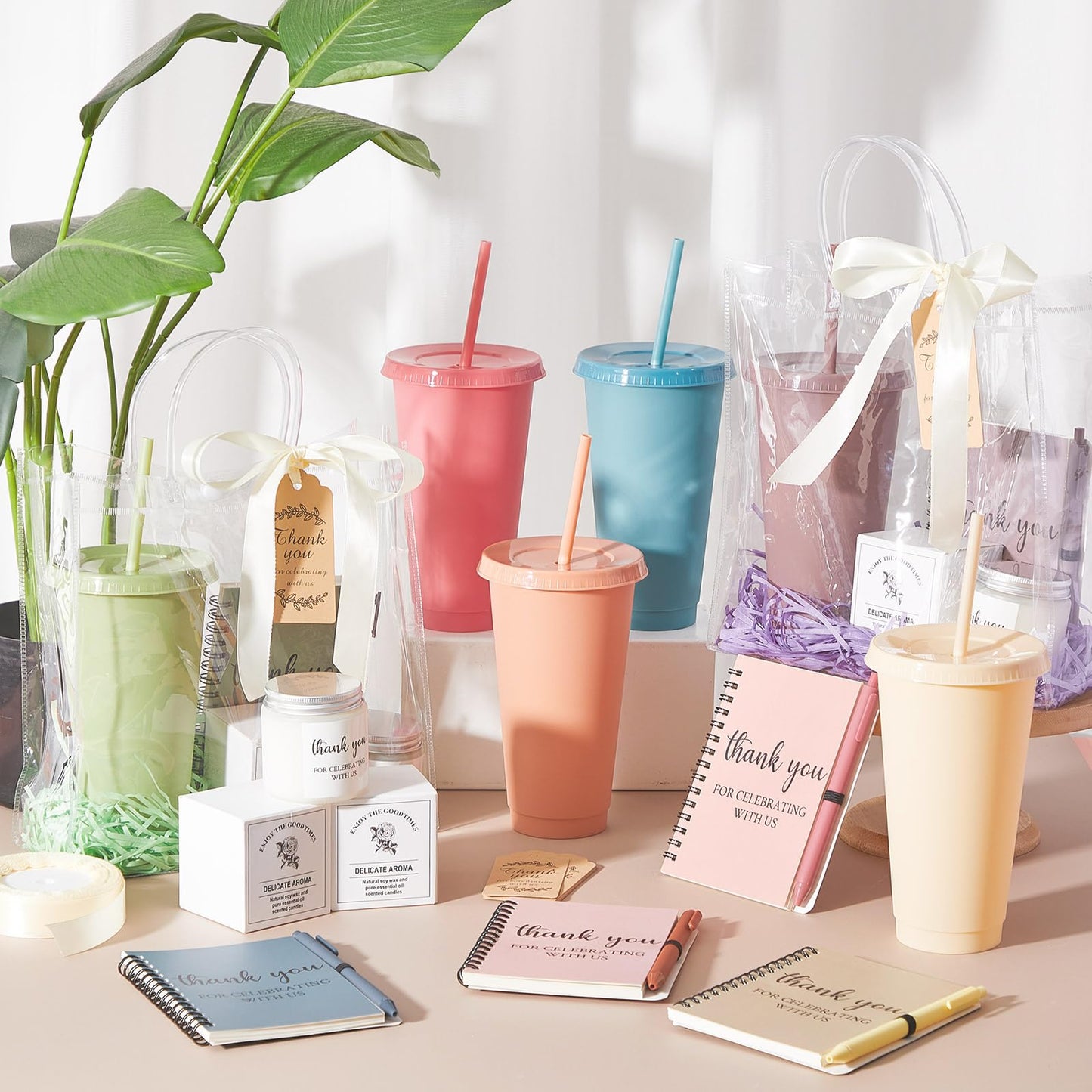 Nuogo 6 Sets New Parent Shower Prizes for Player Winners Adults Include Plastic Tumbler Notebook Scented Candles Ballpoint Pen Gift Bag, Party Player Winner Gifts (Morandi Color,Classic Style)