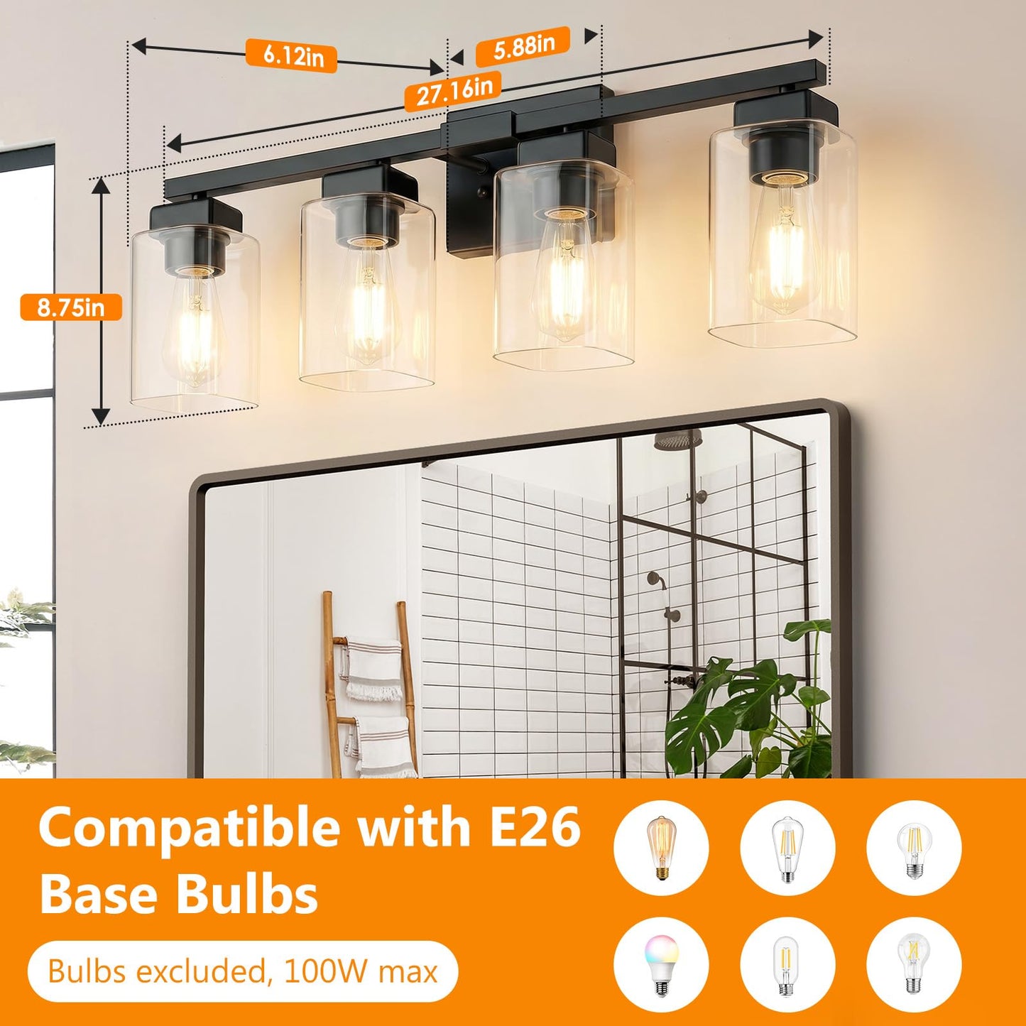 BesLowe 27" 4-Light Bathroom Light Fixture, Modern Black Bathroom Vanity Light, Bathroom Lighting Fixtures Over Mirror, Matte Black Wall Lamp, Wall Lights for Living Room Bedroom Hallway