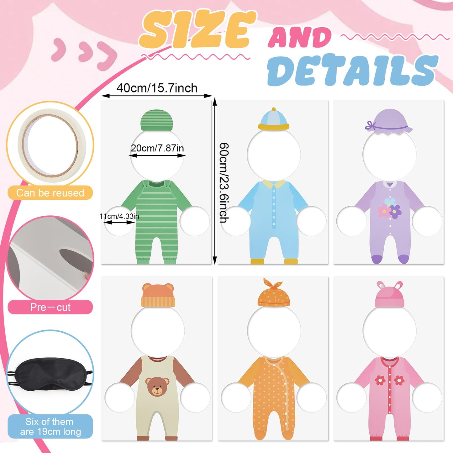 Fiwochic 6 Set Baby Shower Games Feed The Baby, Feed Me Games with 6 Pcs Kt Boards and 6 Pcs Eye Patches for Funny Shower Party Gender Reveal Activities Supplies(Gender-neutral,Multicolor)