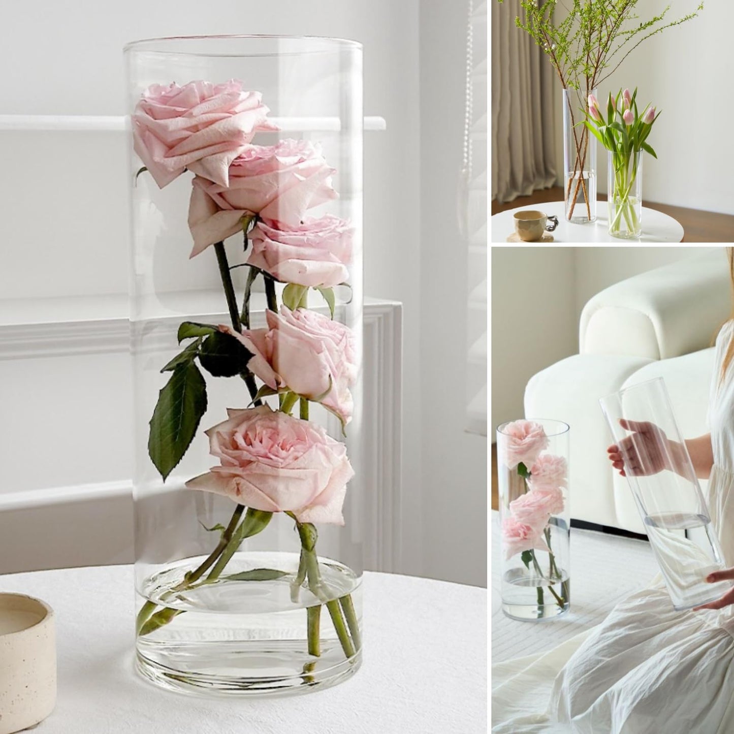 3 Clear Acrylic Cylinder Vase for Centerpieces, Tall Cylinder Plastic Hurricane Vases, Large Unbreakable Flower Vases for Wedding Bouquet (D 4.8", D 6" X H 15.8" +D 4" X H 12") 3 Different Sizes