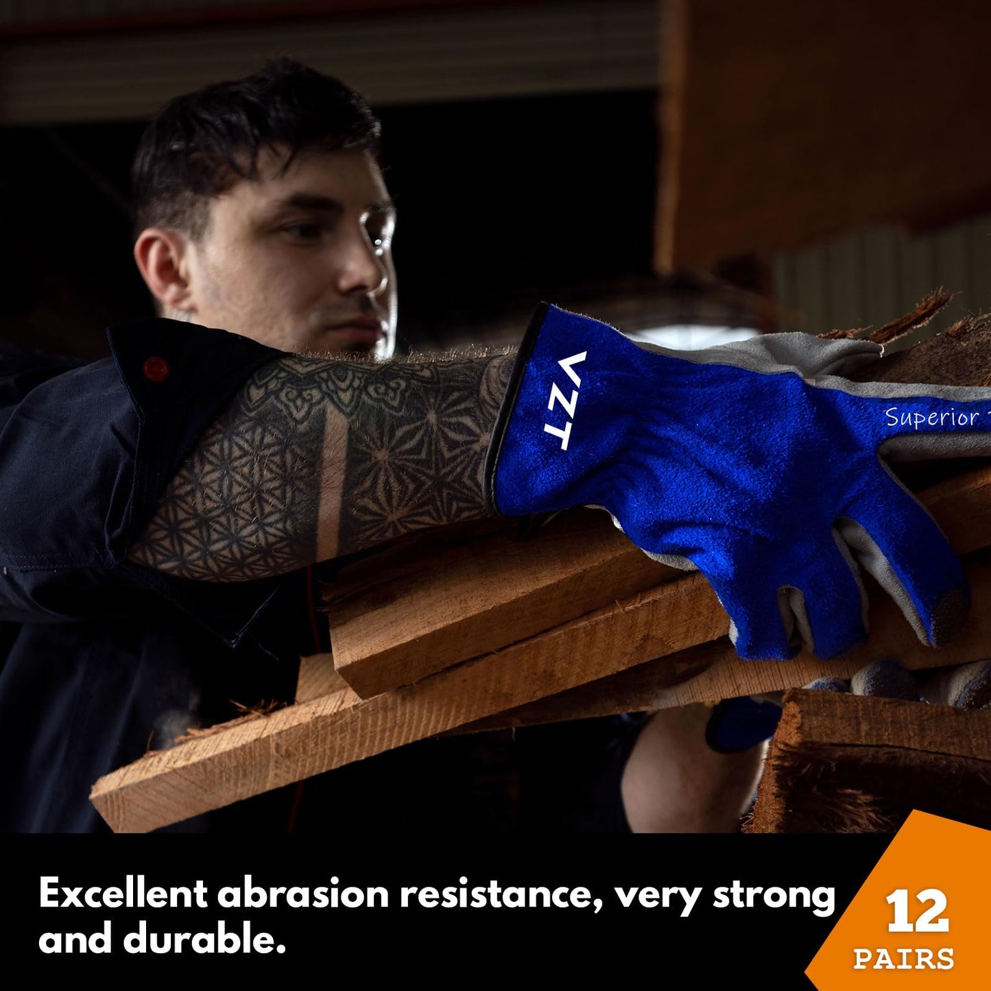 VZT 12 Pairs Bulk Leather Work Gloves for Men or Women for Construction, Wood cutting, Driving, Gardening, Automotive Repair, Water Resistant, Soft, Cowhide, Class 4 Abrasion Resistant, Blue-White, L