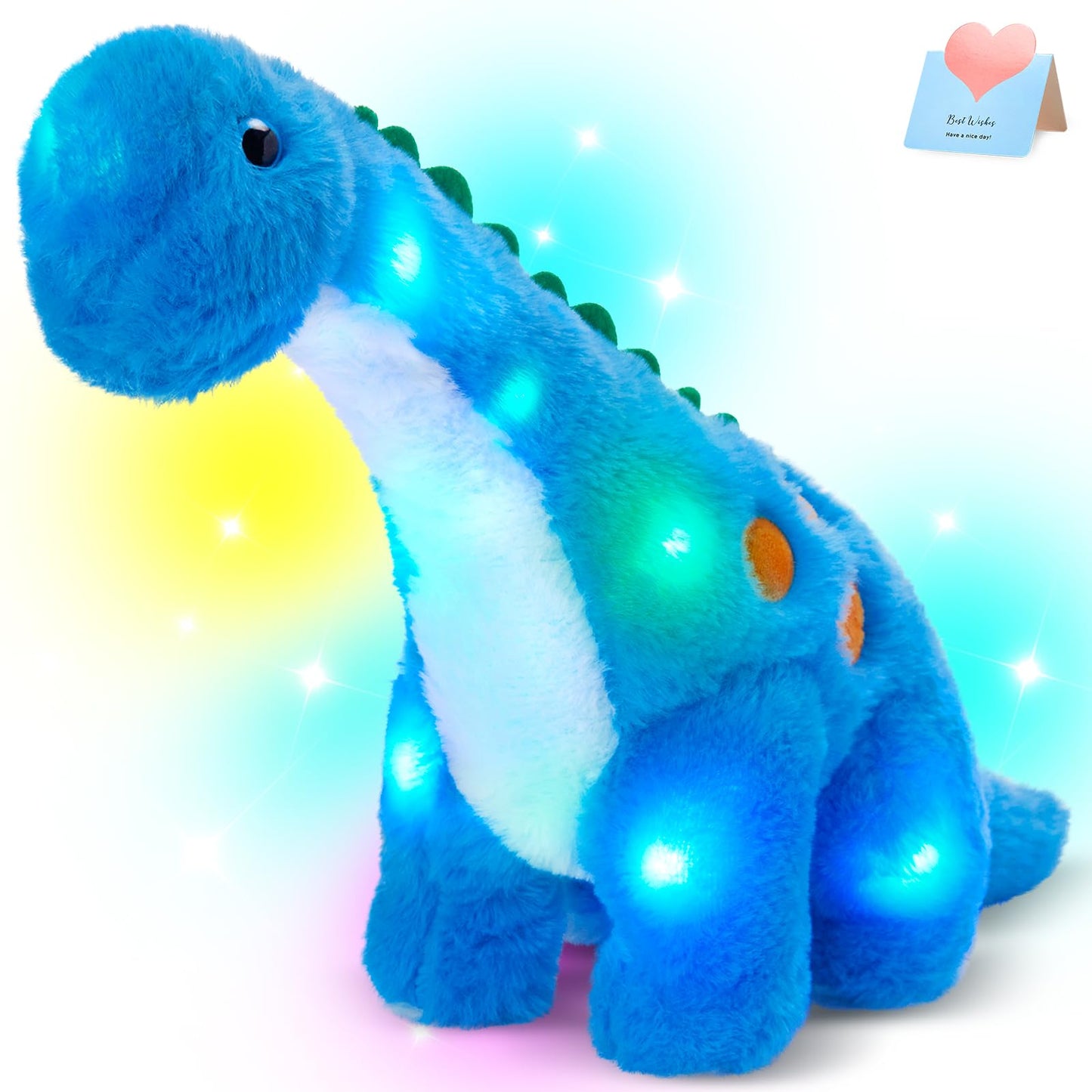 Houwsbaby Light up Dinosaur Diplodocus Stuffed Animal Floppy LED Plush Toy Night Lights Glow Pillow Long Neck Birthday Gifts for Kids Toddler Girls and Boys, Blue, 10.5’’