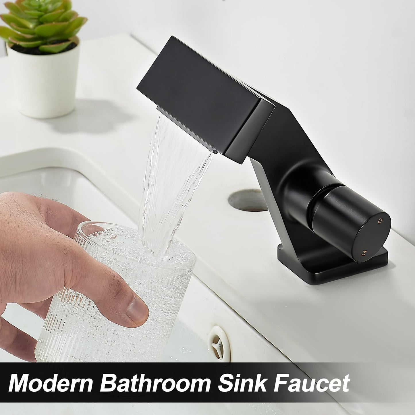 BAKALA Black Waterfall Bathroom Faucets, Single Hole Single Handle Brass Bathroom Sink Faucet Deck Mount, Rv Lavatory Vanity Faucet with 2 Supply Holes