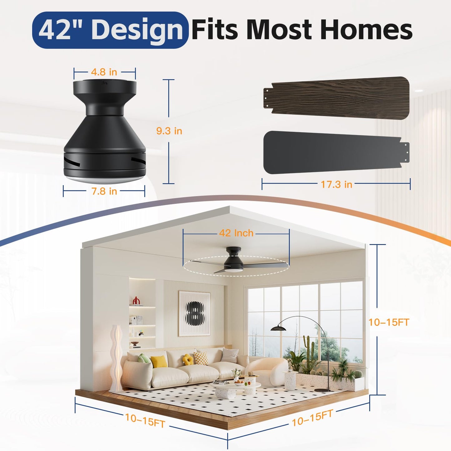 Ceiling Fans with Lights, 42 Inch Ceiling Fan with Light And Remote, 3CCT Flush Moun Low Profile Ceiling Fans, 6 Speed Noiseless LED Ceiling Fan, Black Ceilings Fan with Remote for Bedroom Living Room