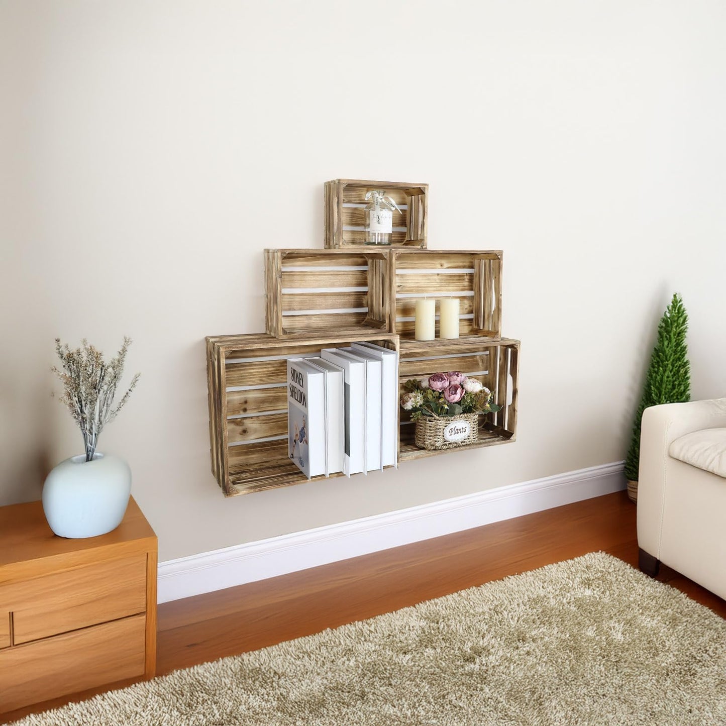 JUMBO HUMBLE Set of 5 Large Wooden Crates, Nesting Storage Crate with Handles, Rustic Torched Brown Farmhouse Wooden Crates for Display, Wedding Birthday Home Party Living Room Kitchen Decoration