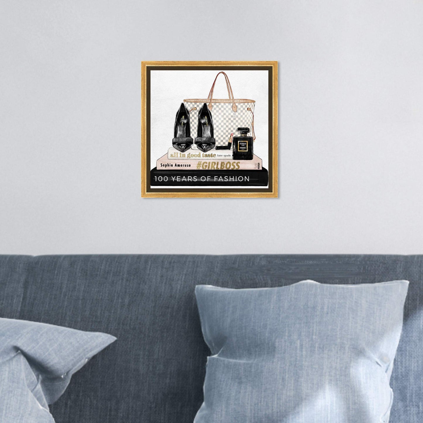 The Oliver Gal Artist Co. Fashion and Glam Wall Art Canvas Prints 'Going Out Books' Shoes Home Décor, 12 in x 12 in, Gold Frame