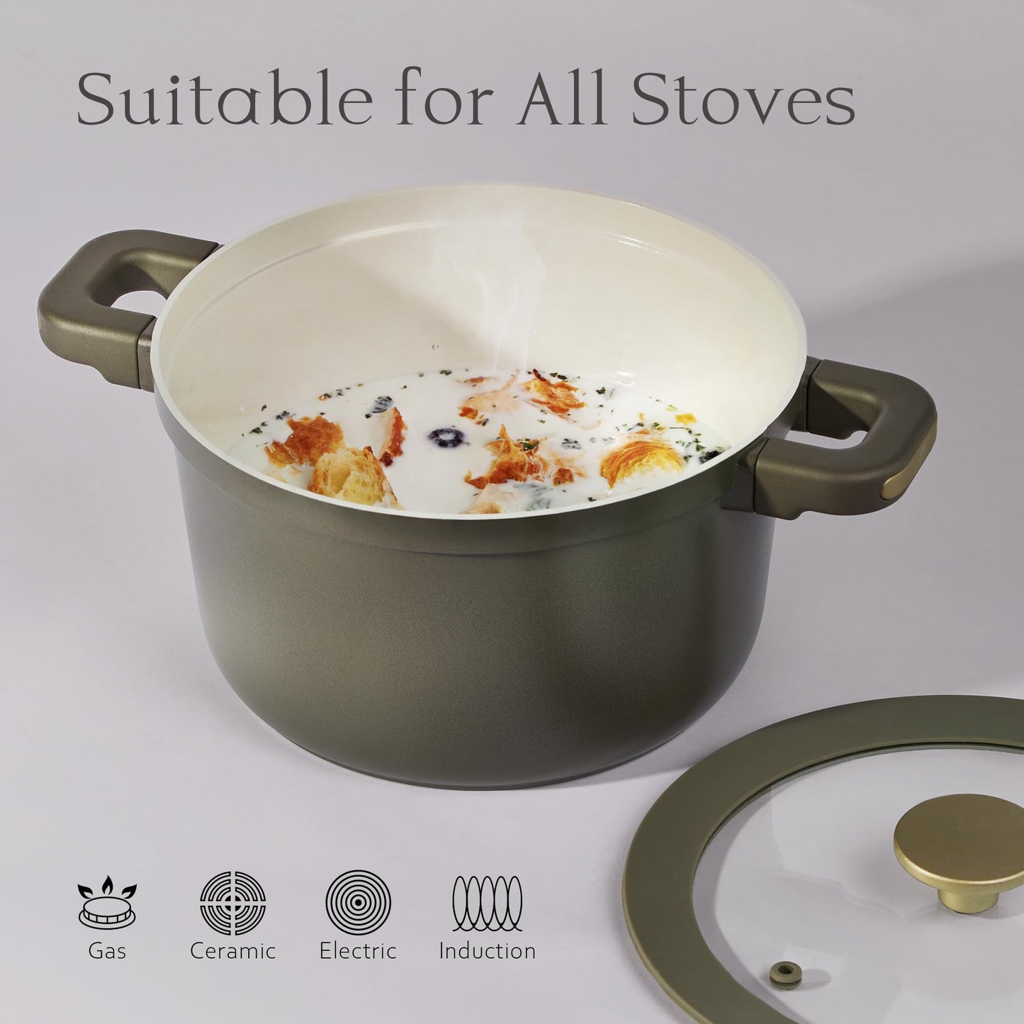 CAROTE Ceramic Saucepan Set 5.5QT/3QT/2QT，Nonstick Cooking Pots Set with Detachable Handles，Non-toxic Stock Pots with Lid，Induction Comptable，PFAS and PFOA Free，Olive Green