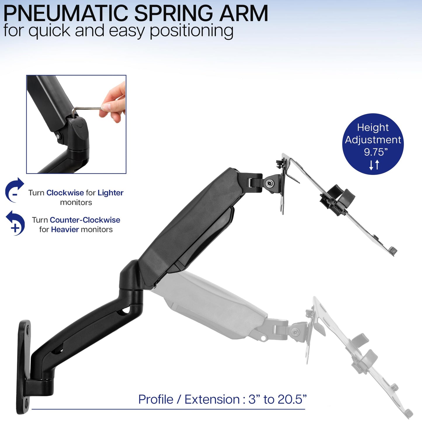 VIVO Height Adjustable Pneumatic Extended Arm Laptop Wall Mount, Full Motion Articulating Notebook Tray, Fits 10 to 15.6 inch Screen, Black, MOUNT-V001GL